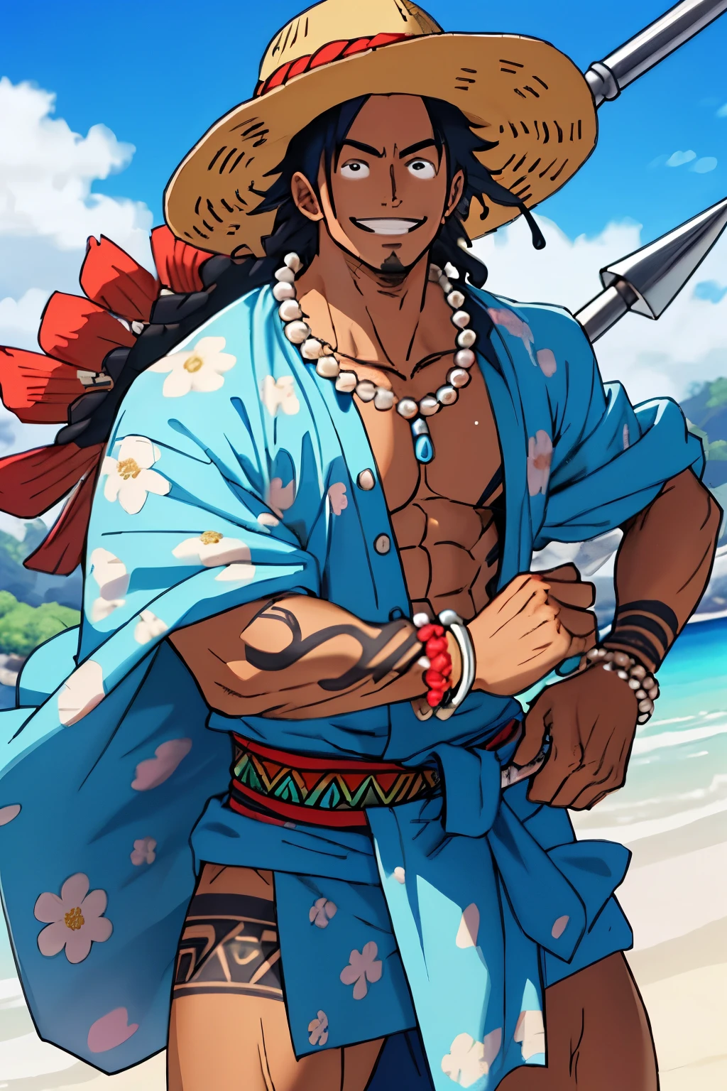 Male character anime version dark skin age 30 years, 30 years, dark skin, beard, pirate tattoo, pirate, background house environment, arms crossed, bad guy, fit physique, beach shirt, jean shorts, pirate chepeu removed, brown eyes, masterpiece, anime, old, dark long hair, rings on both hands, dark skin color