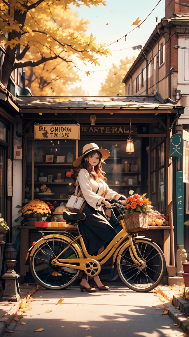 Imagine a white woman happily browsing a vintage shop., A storefront filled with antiques and rare items. The Art Deco sign adds elegance to the atmosphere.. In front of the store, Antique bicycle leaning against a brick wall, Evoke memories of past adventures. wood々The leaves that fall from the trees create a golden carpet on the ground., While a playful dog chases a ball on the street.
