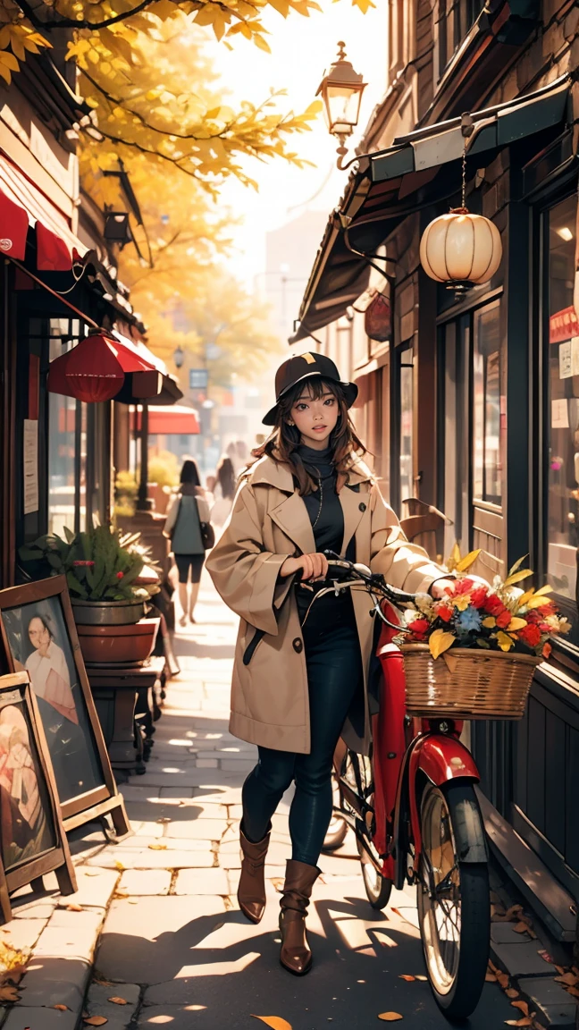 Imagine a white woman happily browsing a vintage shop., A storefront filled with antiques and rare items. The Art Deco sign adds elegance to the atmosphere.. In front of the store, Antique bicycle leaning against a brick wall, Evoke memories of past adventures. wood々The leaves that fall from the trees create a golden carpet on the ground., While a playful dog chases a ball on the street.