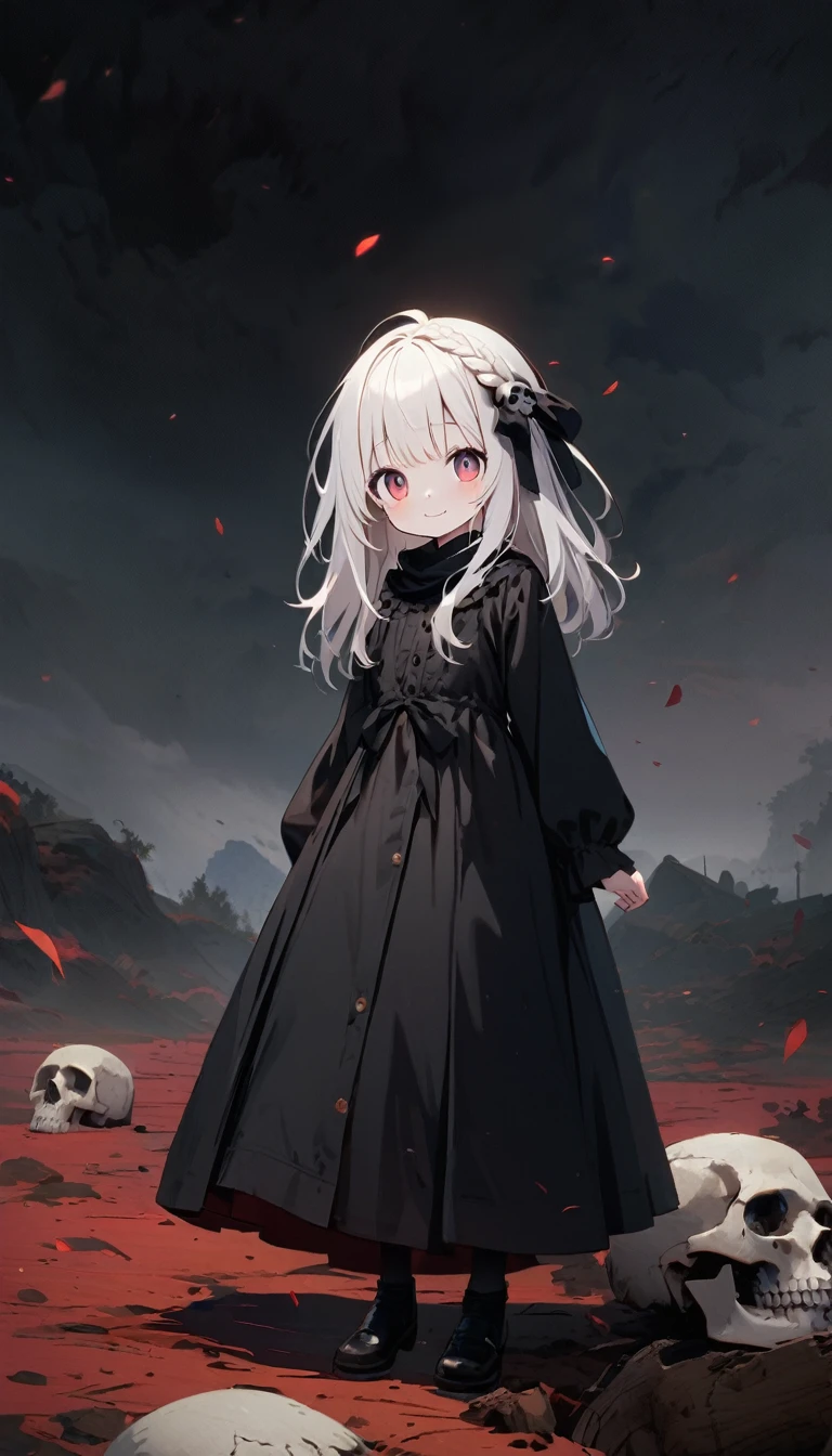 Solitary,1 female\(grim Reaper,Lovely,Kawaii,,Hair color: white,Braided hair,messy hair,Dark eye color,big eyes,Pale skin,A big smile,enjoy,whole body,穿着grim Reaper的黑色长袍,(Wear a black bandana:1.2),Skip,Flower Hair Accessories,white hair,(The body is transparent:0.8),Dynamic poses\),background\((Black sky:1.5),(skull),(Withered flowers all over the ground),Red Water\), rest ,quality\(8K,Extremely detailed CG unit wallpaper, masterpiece,high resolution,top-quality,top-quality real texture skin,Surrealism,提high resolution,RAW photos,Best quality,Very detailed,wallpaper\)