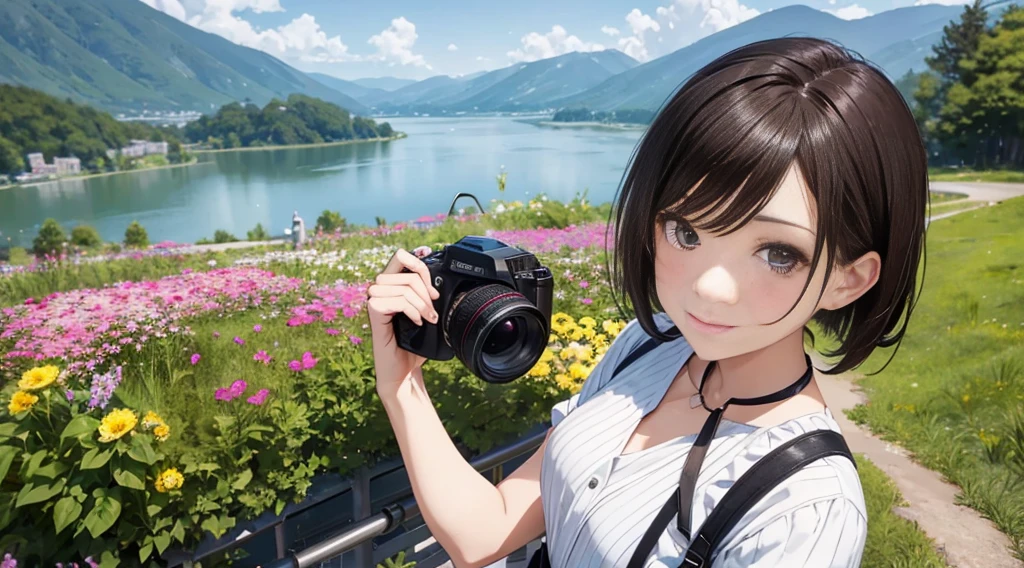 Vast Skyline、lake、mountain bridge。river、Flower Field(highest quality:1.2), Super detailed, High resolution, Tabletop:1,2, Vibrant colors, Bokeh, Professional Lighting, Physically Based Rendering, Flat Color:0.8, Fine Illustration, Realistic:1.37, Shinkai Makoto style, Your name style, Light brown hair, Elegant update, Short Bob, Bun hairstyle such as chignon。、long hair,Hang a single-lens camera around your neck、 Laugh together, Dynamic pose, Selfie, Upper body full sister、