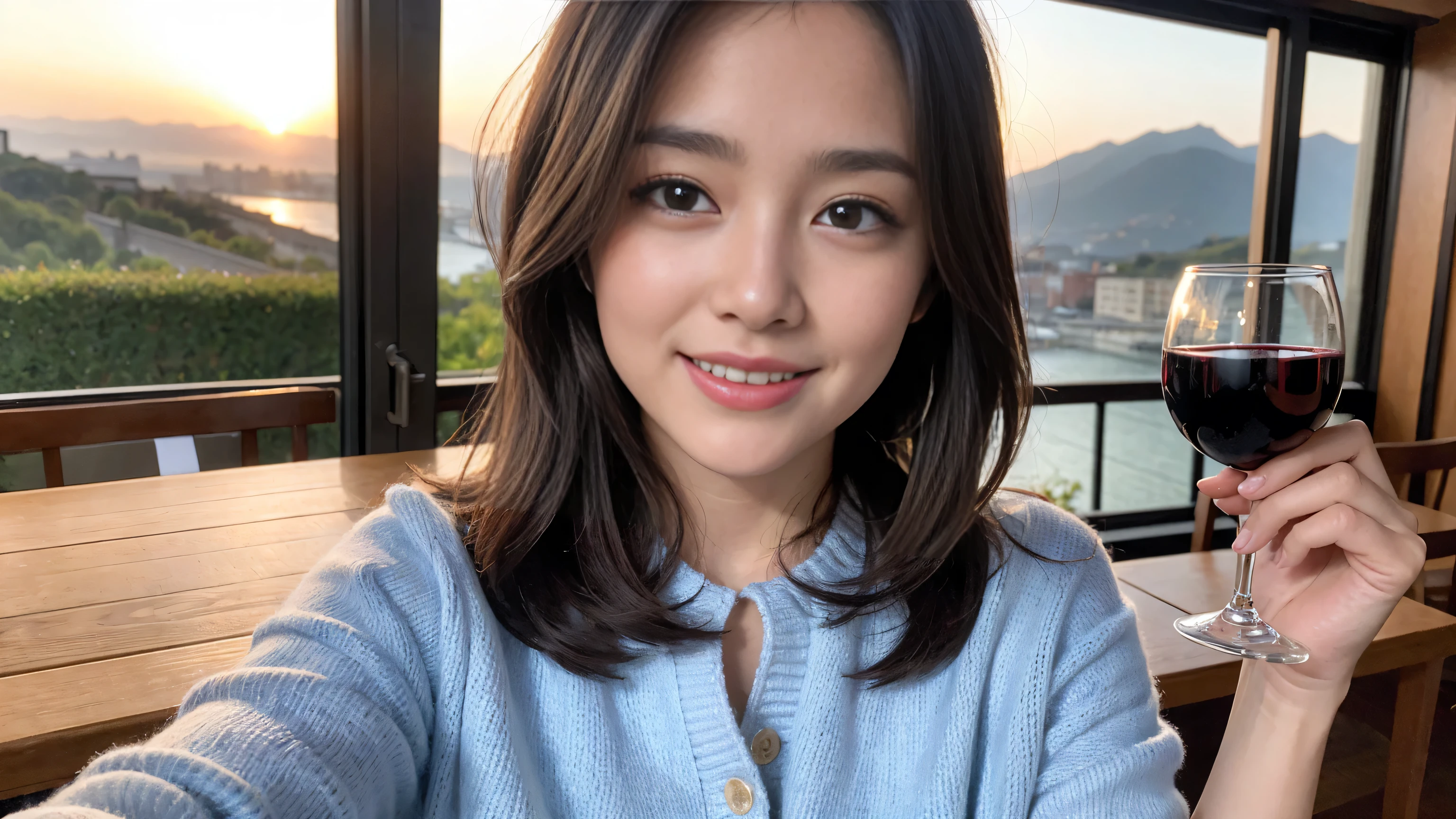 ((highest quality、8k、masterpiece:1.3))、Sharp focus:1.2、Beautiful woman perfect body:1.4、Slim body、((Bob Hale、Straight hair:1.2))、(to be born, highest quality, masterpiece:1.5), (Realistic, Intricate details:1.2), Ultra-high resolution, Facial Lighting、Amazing view of the sunset sky and clouds、Amazing mountain views、A bright smile、wine glass、red wine 、Appetizers、Italian food、Wine bottle、Champagne、sparkling wine、, Beautiful Face, blue eyes, The light shines on your face, Blushing, short hair,Bright Face、Fox face、 (36 years old), 39 years old, Lady、Two beauties、Brown Hair、Shortcuts、Long sleeve shirt、dress、Pretty Woman 1, (Slim face), (The body is slim), (Brown Hair), (Shortcuts), cheeks turn a little red,Attractive beauty、, Out of the window, A beautiful and detailed night view unfolds.........., restaurant, In a prominent place (From the waist up) Nova Frog Style, actress, model, Upper Body, White wine, slim, wine glass, Wine glass placed in the center, smile, (smile: 1.15), Beautiful fine grain, Depth f/2,saturation, High Contrast, Strong light and shadow,Moist Body:1.5、3D texture、Delicate eyes、Brown Hair、The hair is very shiny、