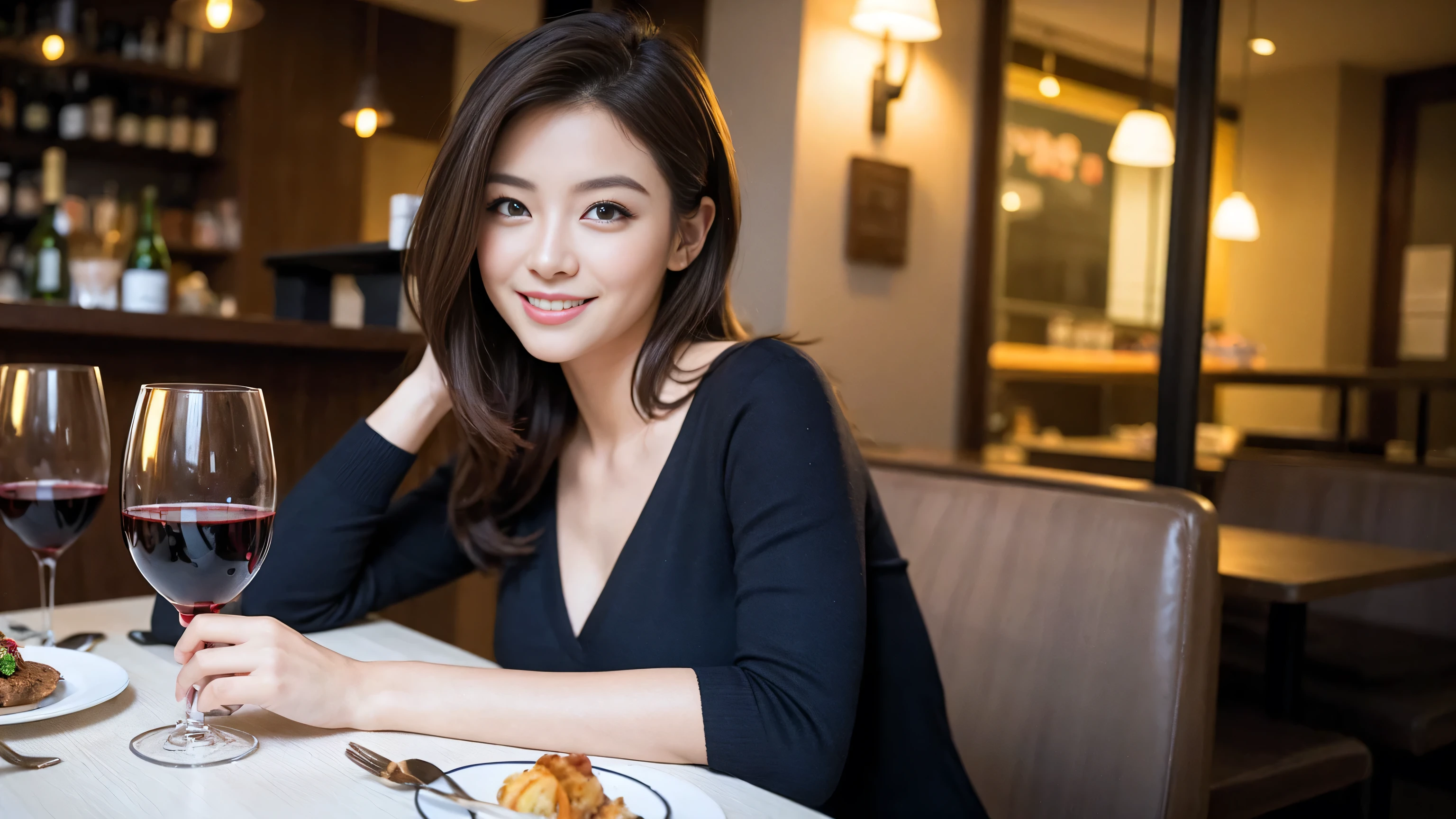 ((highest quality、8k、masterpiece:1.3))、Sharp focus:1.2、Beautiful woman perfect body:1.4、Slim body、((Bob Hale、Straight hair:1.2))、(to be born, highest quality, masterpiece:1.5), (Realistic, Intricate details:1.2), Ultra-high resolution, Facial Lighting、Amazing view of the sunset sky and clouds、Amazing mountain views、A bright smile、wine glass、red wine 、Appetizers、Italian food、Wine bottle、Champagne、sparkling wine、, Beautiful Face, blue eyes, The light shines on your face, Blushing, short hair,Bright Face、Fox face、 (36 years old), 39 years old, Lady、Two beauties、Brown Hair、Shortcuts、Long sleeve shirt、dress、Pretty Woman 1, (Slim face), (The body is slim), (Brown Hair), (Shortcuts), cheeks turn a little red,Attractive beauty、, Out of the window, A beautiful and detailed night view unfolds.........., restaurant, In a prominent place (From the waist up) Nova Frog Style, actress, model, Upper Body, White wine, slim, wine glass, Wine glass placed in the center, smile, (smile: 1.15), Beautiful fine grain, Depth f/2,saturation, High Contrast, Strong light and shadow,Moist Body:1.5、3D texture、Delicate eyes、Brown Hair、The hair is very shiny、