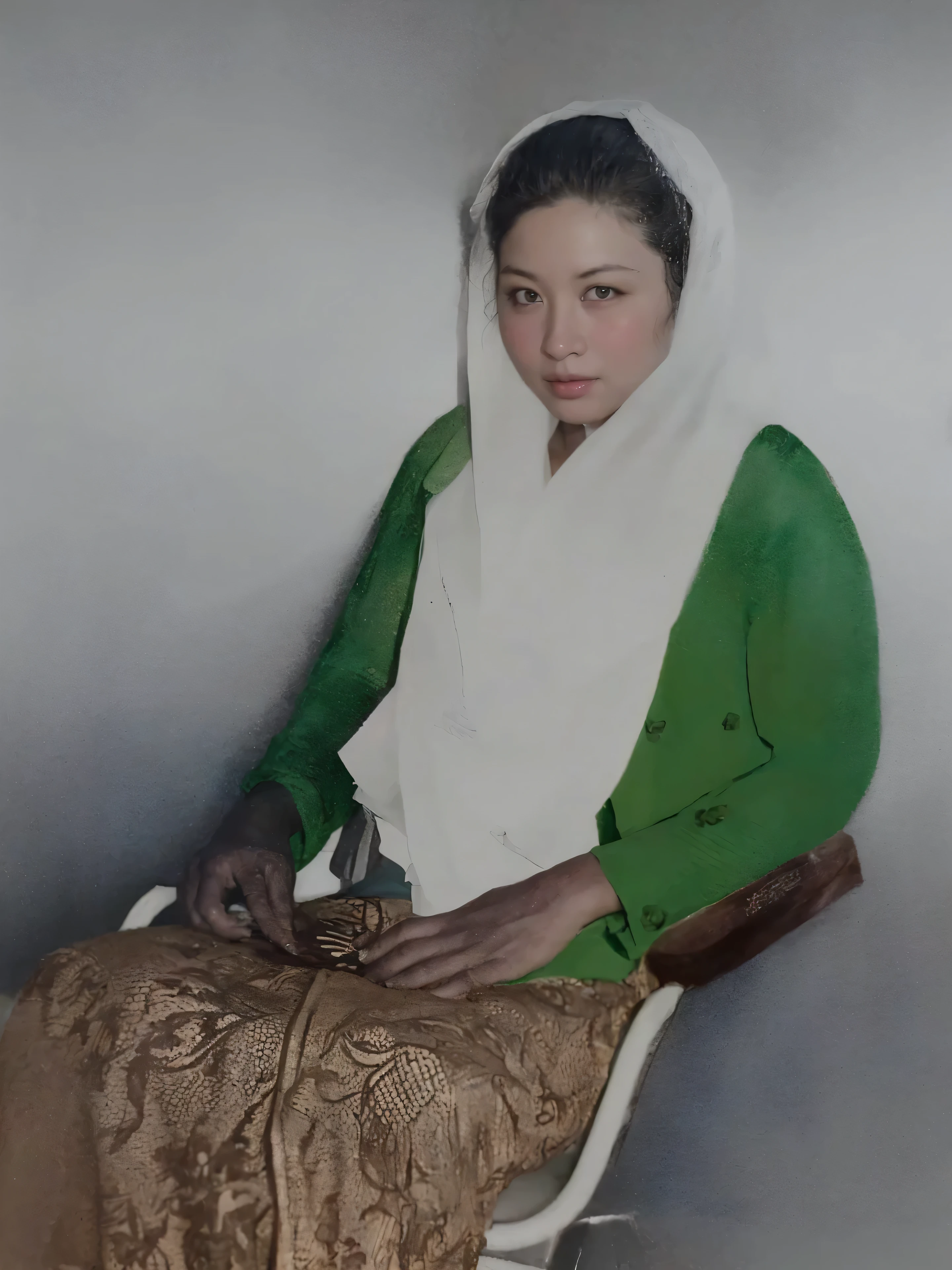 Make this photo look detailed and realistic, There is a woman sitting in a chair with a white scarf and and green batik clothes, 2 0 years old woman, a colorized photo, hand - tinted, color portrait, restored color, potrait, colorized photo, colourized, photo in color, colorized photograph, photo of a woman, colored photo, in style of old painting, traditional portrait, colorized, modern portrait, very detailed potrait, realistic portrait photo, close up potrait, profile portrait, very detailed face, very realistic face, very perfected face, very detailed clothes, very realistic clothes, very perfected clothes
