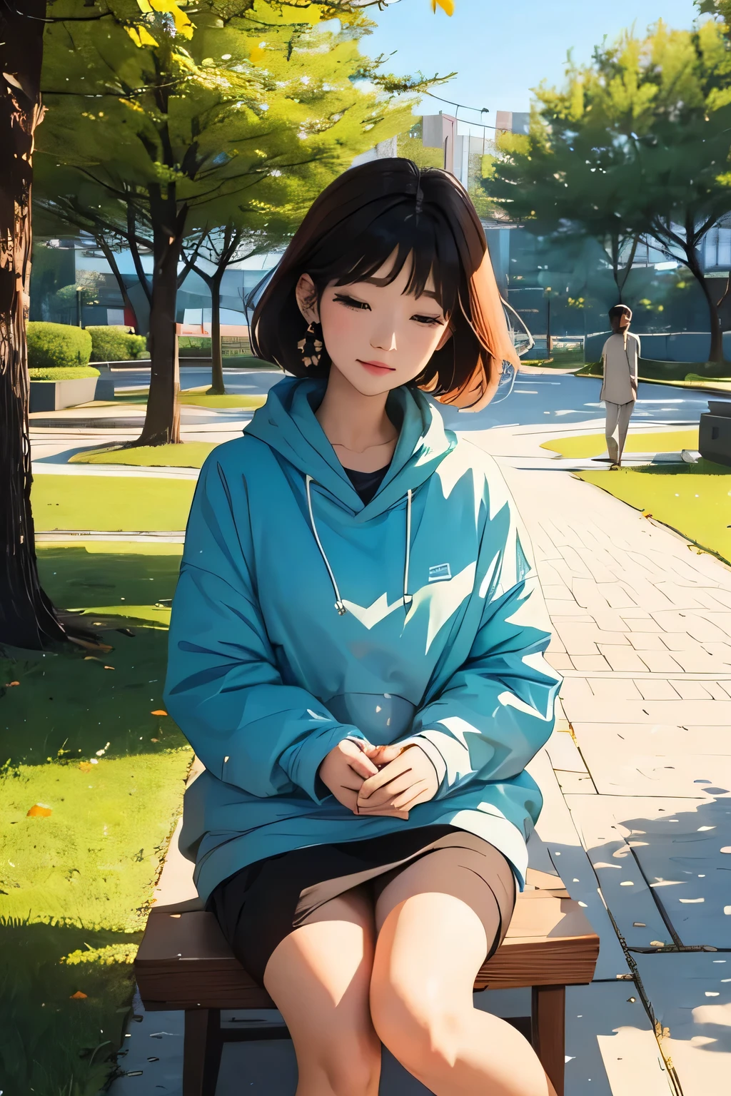 The female is wearing a bright dress and smiling brightly., The man is holding the hand of the woman and running together., The background is a park with bright sunshine, high resolution, (female:1.5), (man:1.5), (happy mood:1.3), (park:1.2), (bright sunshine:1.2)