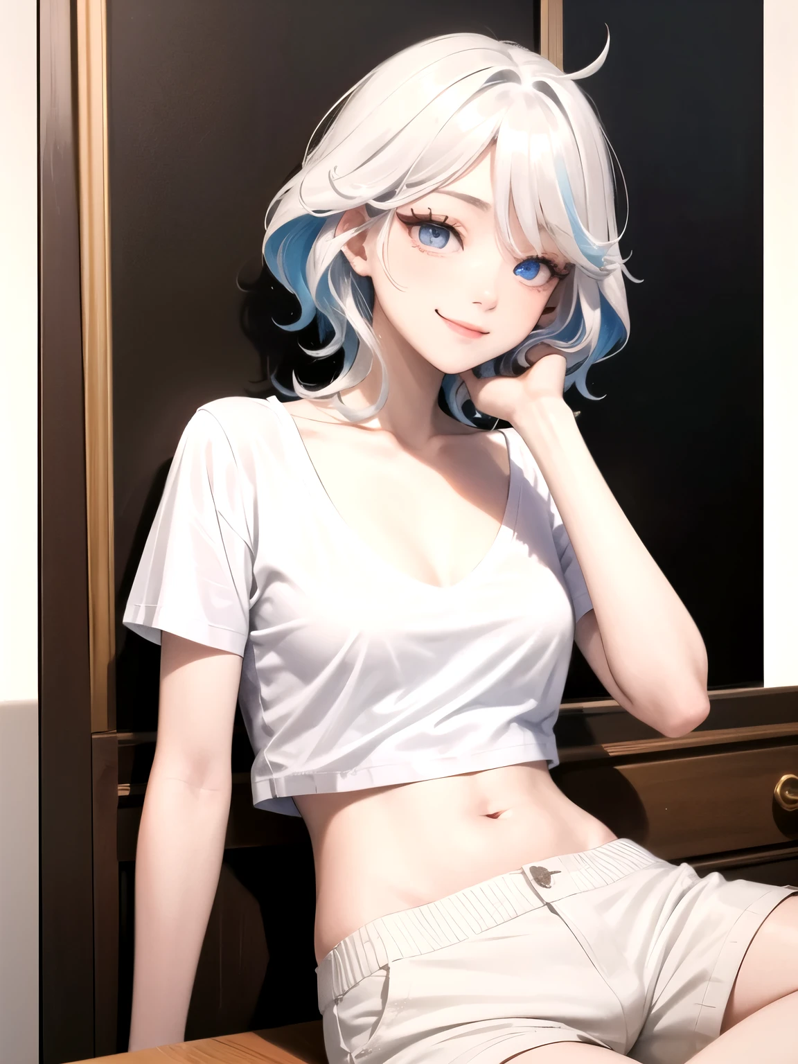 ((best quality)), ((masterpiece)), (detailed), perfect face. Asian girl. Smile. White hair. T-shirt. Flat chest. Short pants.