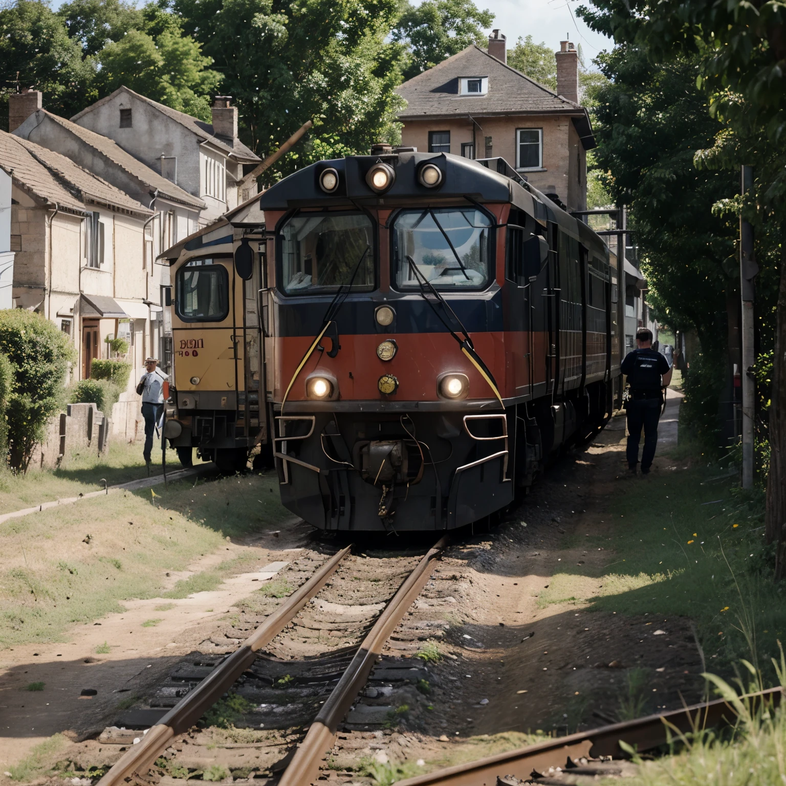 A train is stuck in the village and a tractor is pulling it out. The police has also come and the people are also watching.