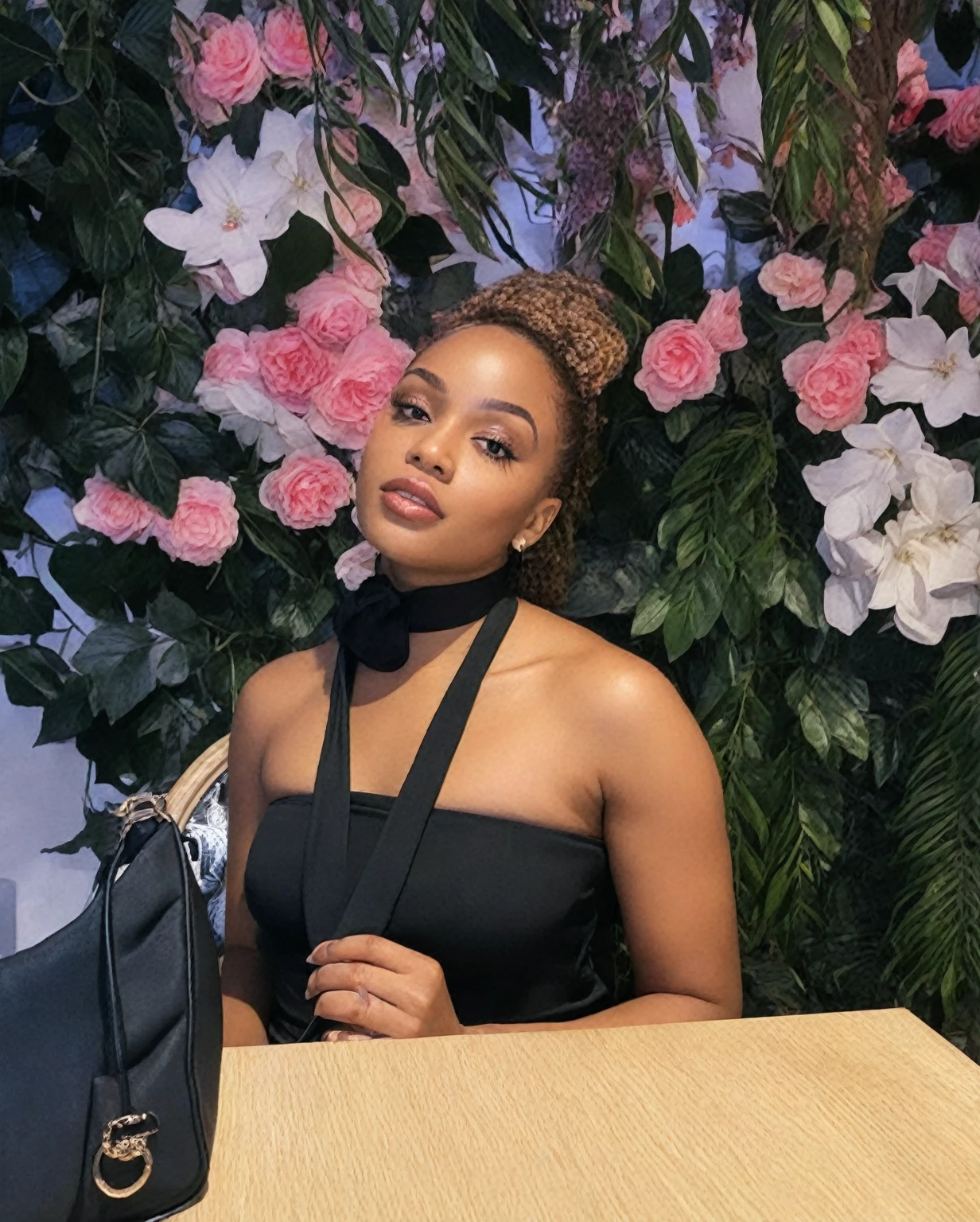 there is a woman sitting at a table with a purse, a portrait inspired by Sophia Beale, pexels, realism, taken in the early 2020s, gorgeous lady, taken in 2 0 2 0, black young woman, taken in the late 2010s, smooth in _ the background, stunning beauty, photo of a black woman
