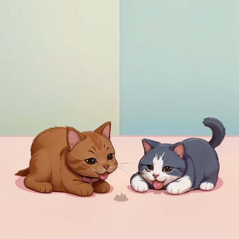A cute dog,Dog sticking out tongue and a cat,Cartoon of cat licking its feet,There was a small table,Snacks on the table,Around the small table ,Cartoon illustration,cartoon style illustration, Small animals,Kittens and puppies are the same size,((The background color of the picture is transparent. Cute illustration))),
