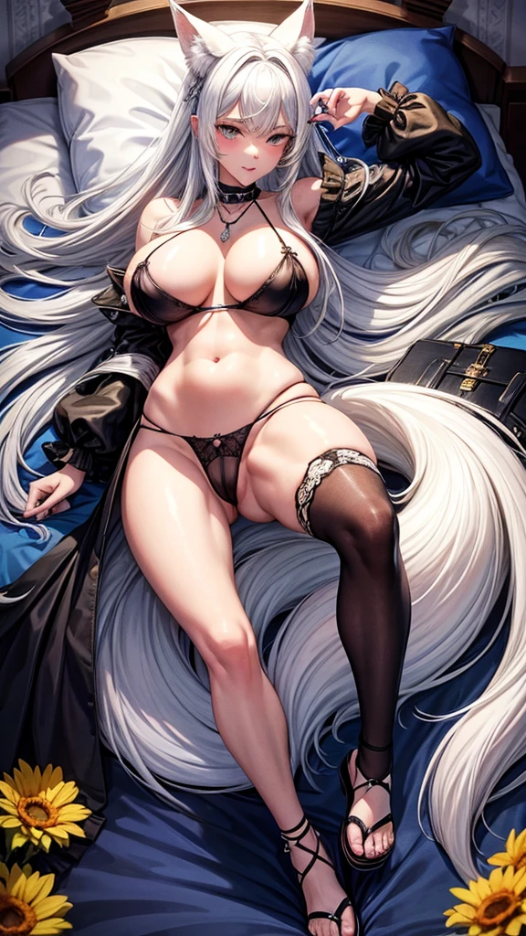 Photograph of an 18-year-old woman with white hair and nine-tailed fox ears. Wear a French style fashion necklace. The black underwear was torn off and a black sex toy was placed on the bed. Very large breasts 4:16 Wear sandals Sleeping in a single bed, blue and white Holds a condom in mouth, spreads legs, heart-shaped eyes, long hair, big pussy, licks a friend's ear, touches her own breasts, completely naked, looks at a very hairy pussy.
