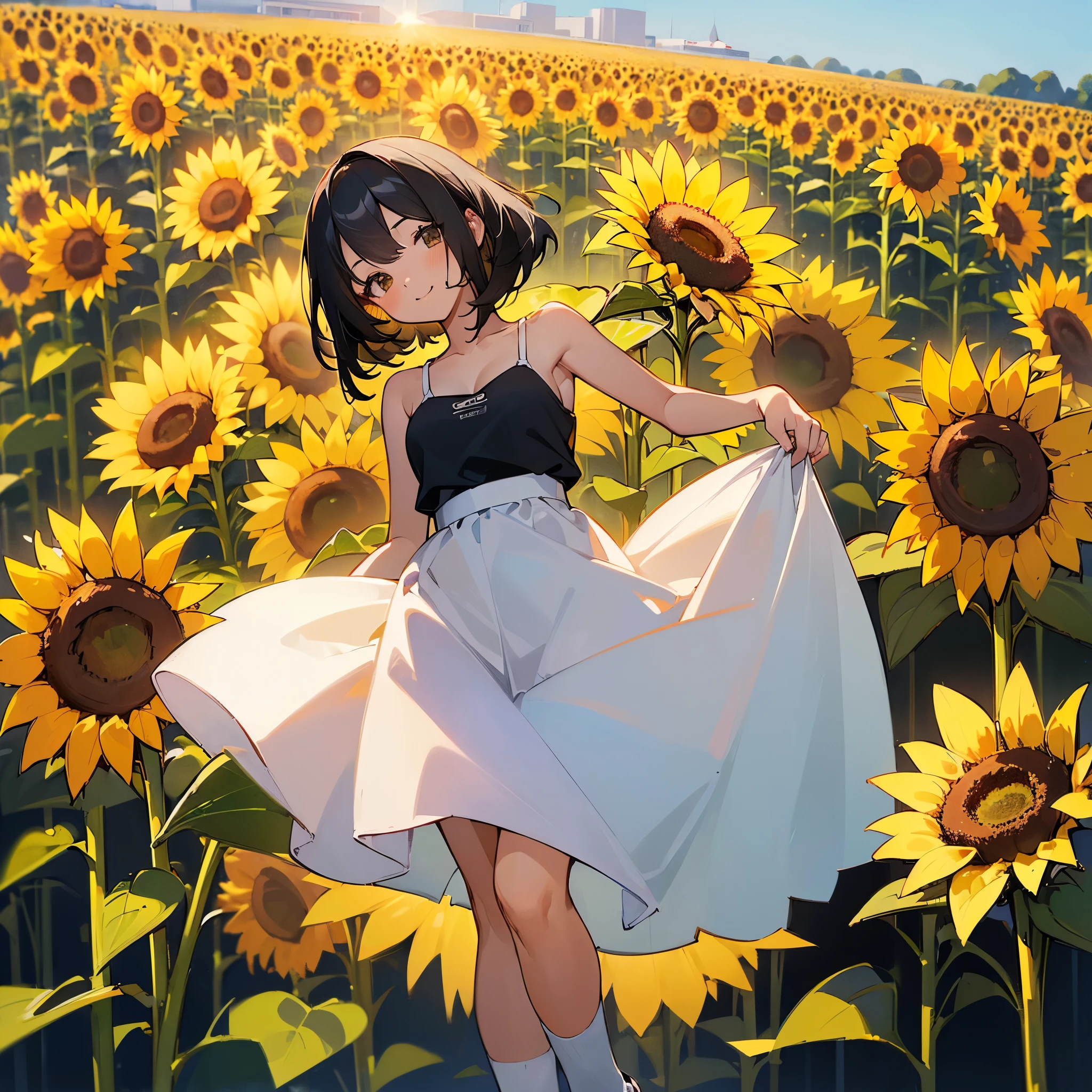 (high quality, High resolution, Very detailed, reality:1.37), Peaceful atmosphere, (Sunflower field), girl standing alone, (my breasts are big.), Beautiful details, Cute Smile, (Black bob hair), White camisole dress, White socks, loafers.