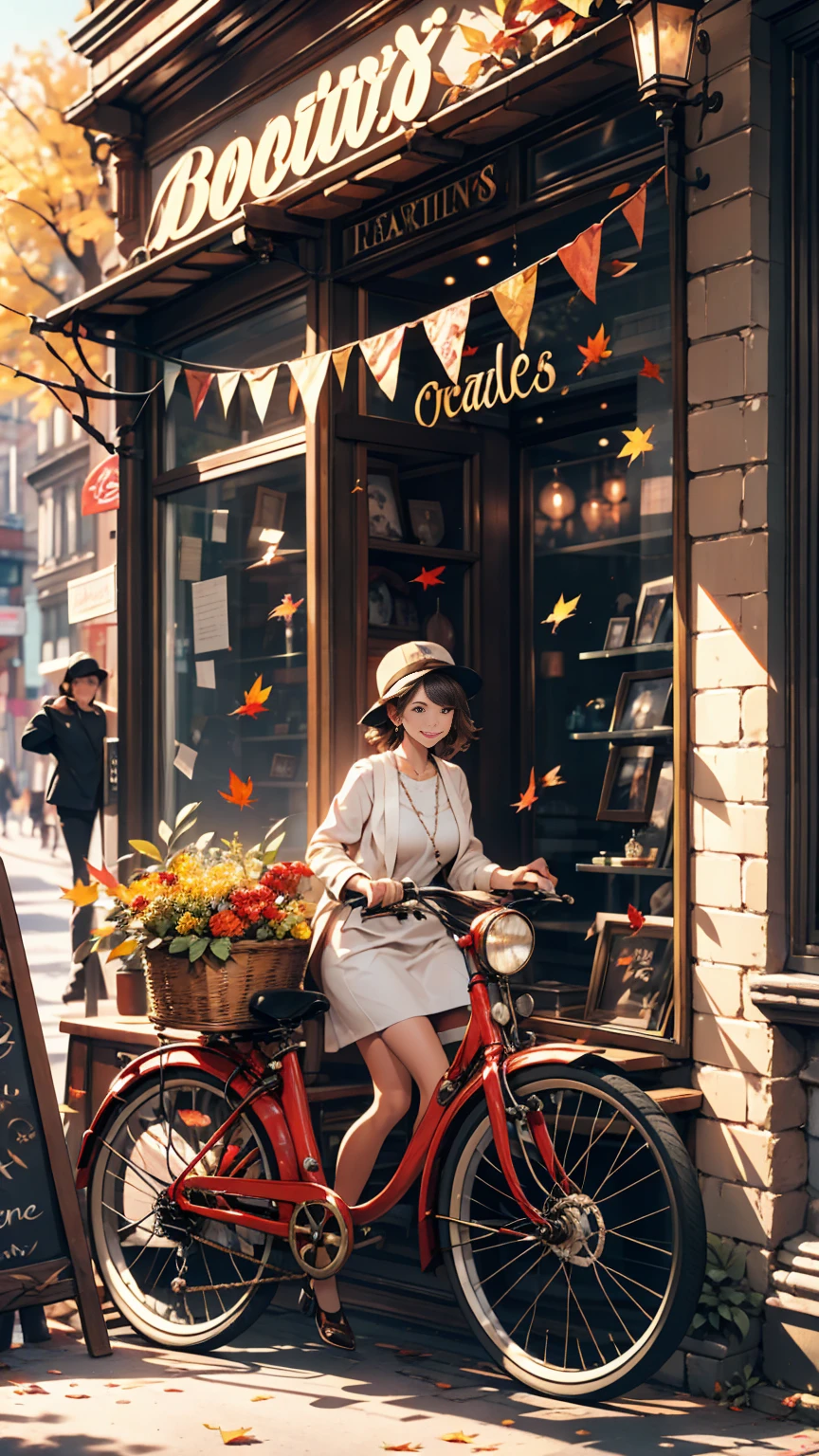 Imagine a white woman happily browsing a vintage shop., A storefront filled with antiques and rare items. The Art Deco sign adds elegance to the atmosphere.. In front of the store, Antique bicycle leaning against a brick wall, Evoke memories of past adventures. wood々The leaves that fall from the trees create a golden carpet on the ground., While a playful dog chases a ball on the street.