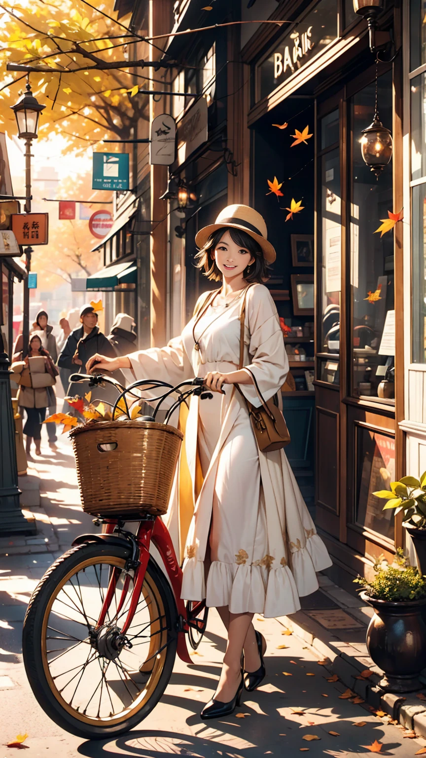 Imagine a white woman happily browsing a vintage shop., A storefront filled with antiques and rare items. The Art Deco sign adds elegance to the atmosphere.. In front of the store, Antique bicycle leaning against a brick wall, Evoke memories of past adventures. wood々The leaves that fall from the trees create a golden carpet on the ground., While a playful dog chases a ball on the street.