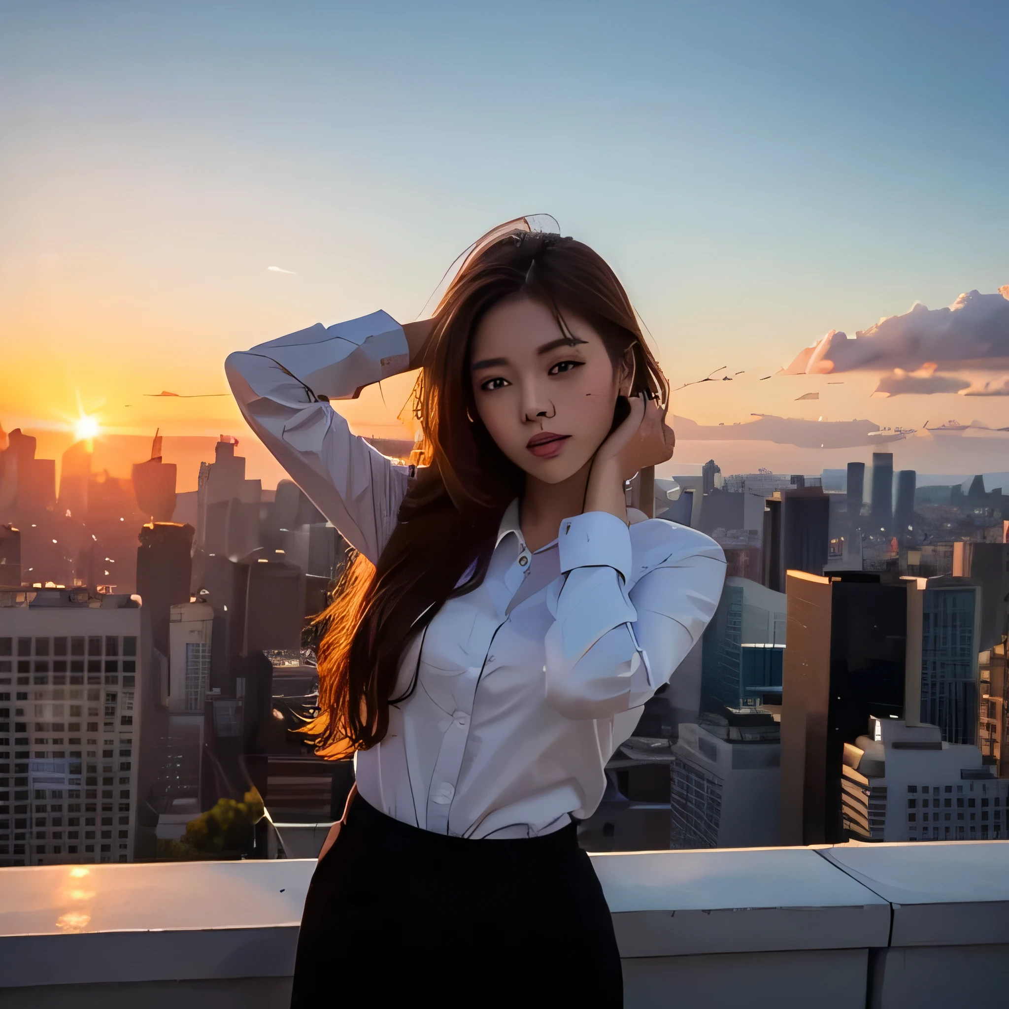 One Girl,alone, Lips parted, office lady, suit ,
Skyline, cloud,dawn, Place your arms behind your head, rooftop