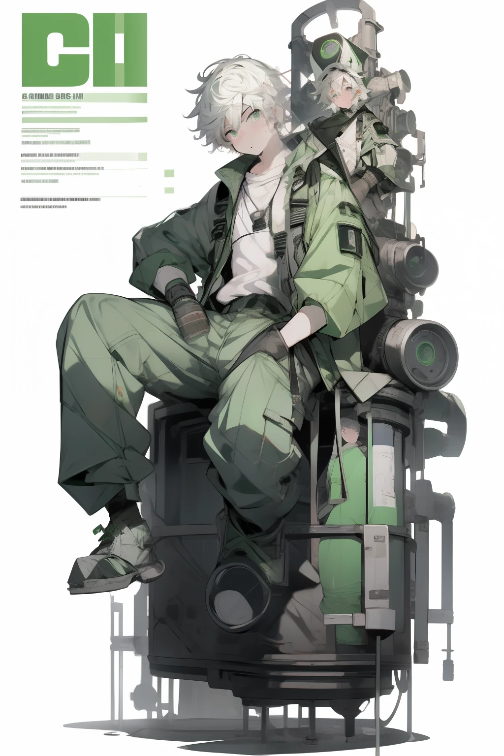 masterpiece, Best Quality, 4K, high resolution, ultra-detailed, High resolution, Ultra HD, sophisticated details, line art, thick lines, Backlight, ((Full body shot)), ((No background)), ((White background)), boy with white hair, green eyes, cute, chibi, green shirt, sitting down, holding a wrench