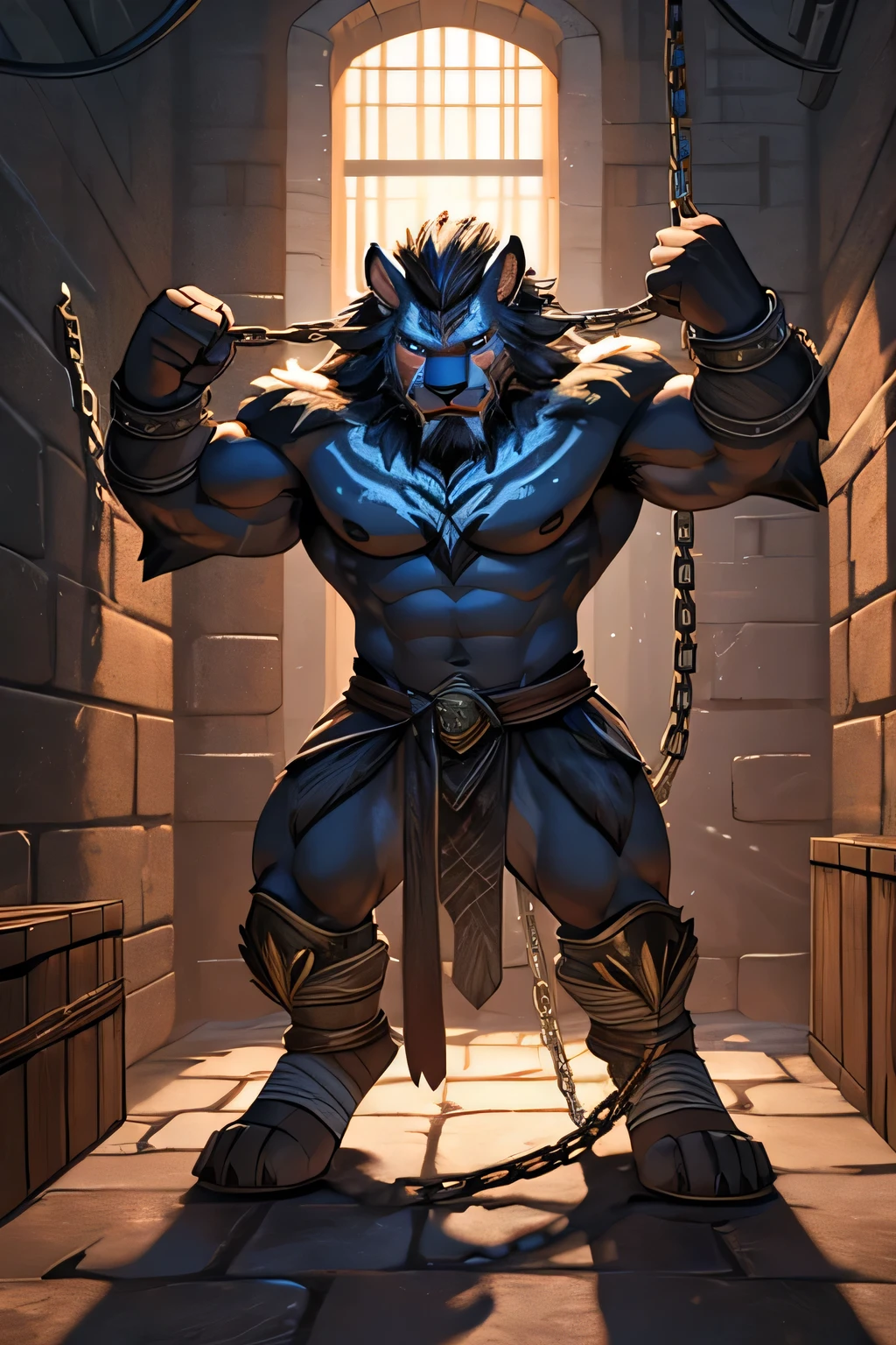 hrothgar was chained in a solitary dungeon after his defeat and his upper body was tightly gound in chians. he had unbandaged wounds from his previous resistance. he was tied up with chains and ropes by the enemy to prevent his escape
