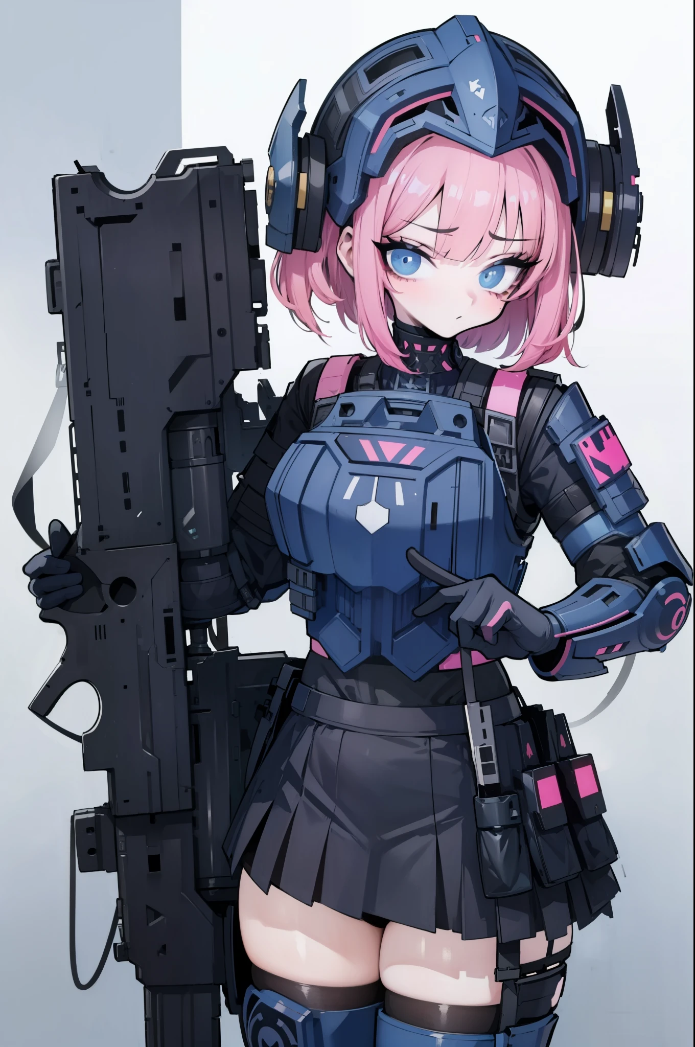 She has pink hair, blue eyes, and wears a helmet and mask. Her black tactical suit features body armor, ammunition pouches, and a "POLIZEI" badge. She holds a silenced submachine gun and handcuffs. Her outfit includes a short tactical skirt, thigh-high stockings, and advanced knee pads and boots,