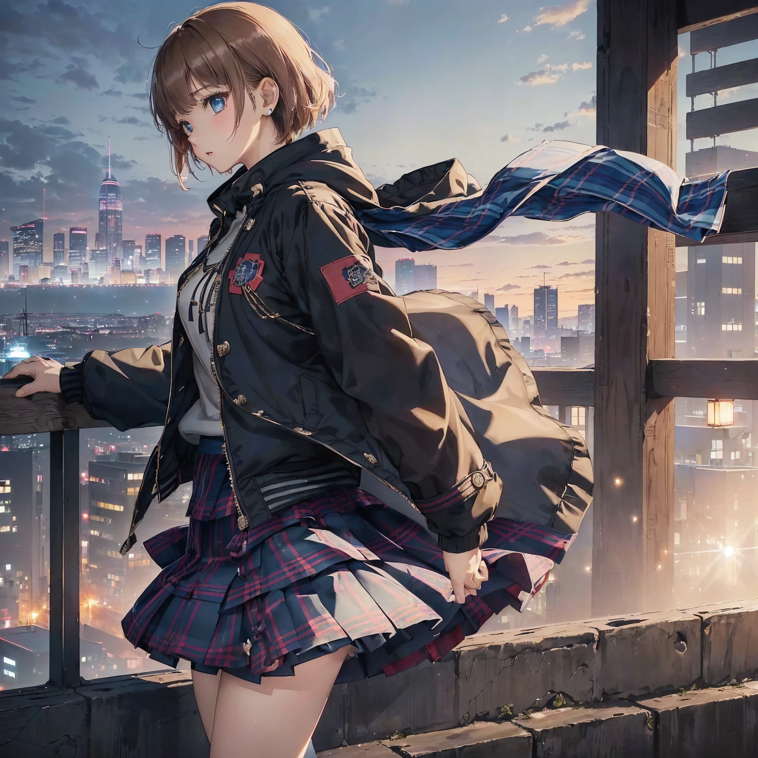 arched back,(masterpiece、highest quality、Highest Resolution、Clear_image、Detailed details、Angle from above): (solo、A girl alone、Japanese Faces、Black Super Short Hair、(Perfect body:1.4)、Sparkling blue eyes、(Woman wearing a skirt and jacket, Tartan hoodie, Tartan Parka, Checked skirt, Casual clothing style, Wide skirt, Tartan garment, The Style of Chie Yoshii, Layered Skirt, Wearing a jacket and skirt, Profile, Komono, Long Skirt, Grunge Style, Wearing long flowing clothes, Asymmetric!!, rena nounen style 3/4)、Kobe cityscape