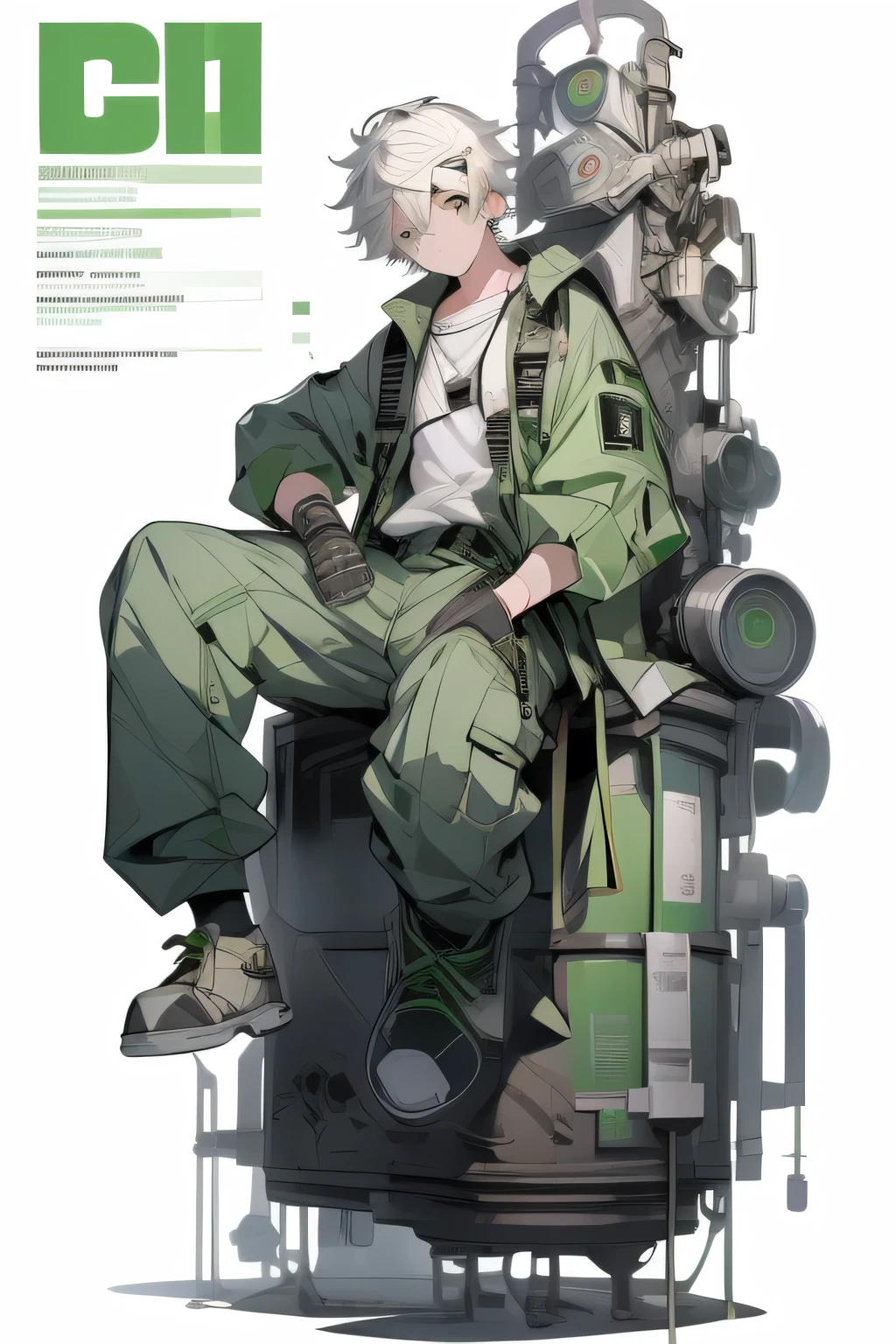 masterpiece, Best Quality, 4K, high resolution, ultra-detailed, High resolution, Ultra HD, sophisticated details, line art, thick lines, Backlight, ((Full body shot)), ((No background)), ((White background)), boy with white hair, green eyes, cute, chibi, green shirt, sitting down, holding a wrench