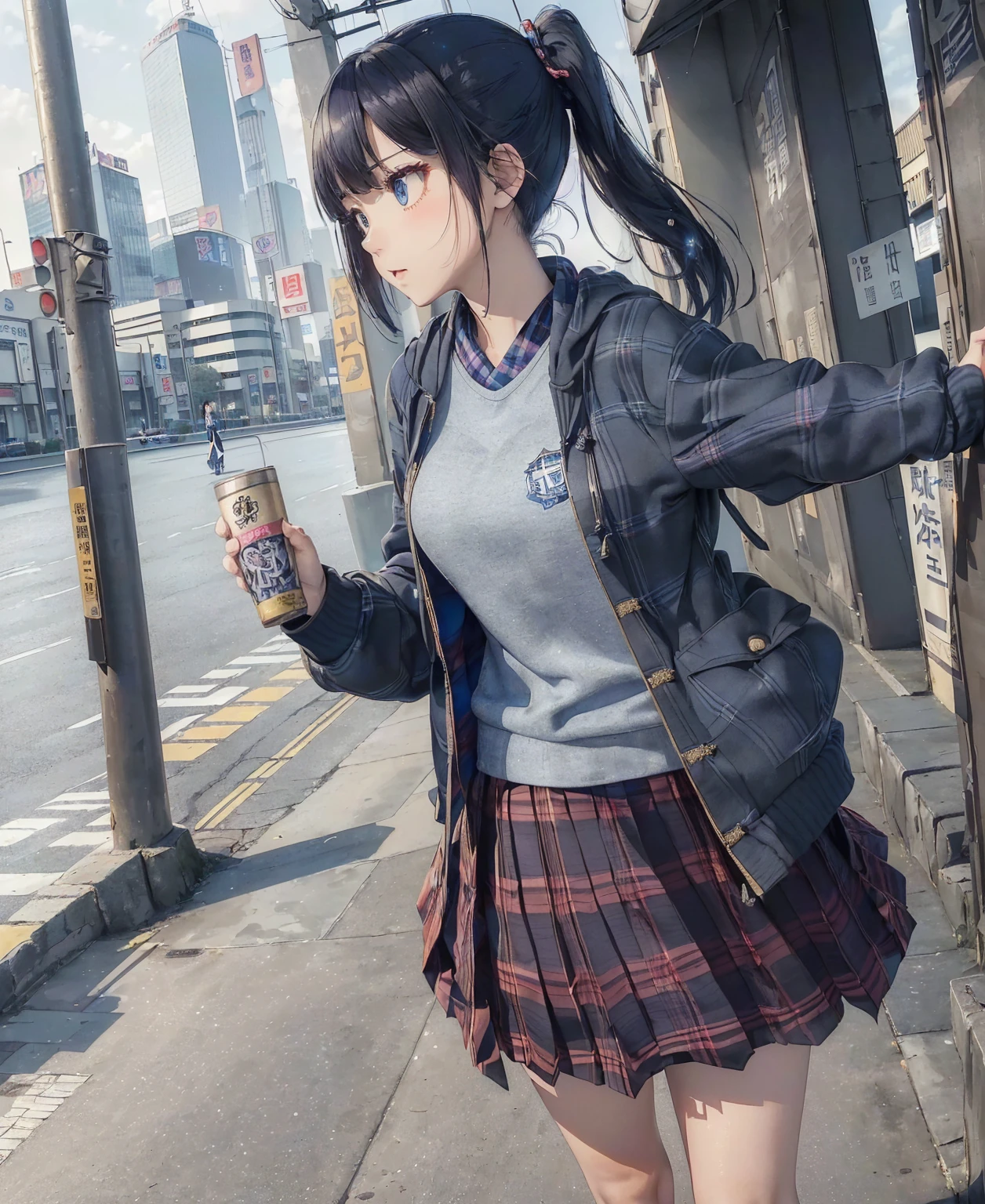 (masterpiece、highest quality、Highest Resolution、Clear_image、Detailed details、Angle from above): (solo、A girl alone、Japanese Faces、High knot ponytail、Dark blue hair girl、(Perfect body:1.4)、Sparkling blue eyes、(Woman wearing a skirt and jacket, Photo by Tsubasa Nakai, tumbler, Renaissance, Tartan hoodie, Tartan Parka, Checked skirt, Casual clothing style, Wide skirt, Tartan garment, The Style of Chie Yoshii, Layered Skirt, Wearing a jacket and skirt, Profile, Komono, Grunge Style, Wearing long flowing clothes)、Kobe cityscape