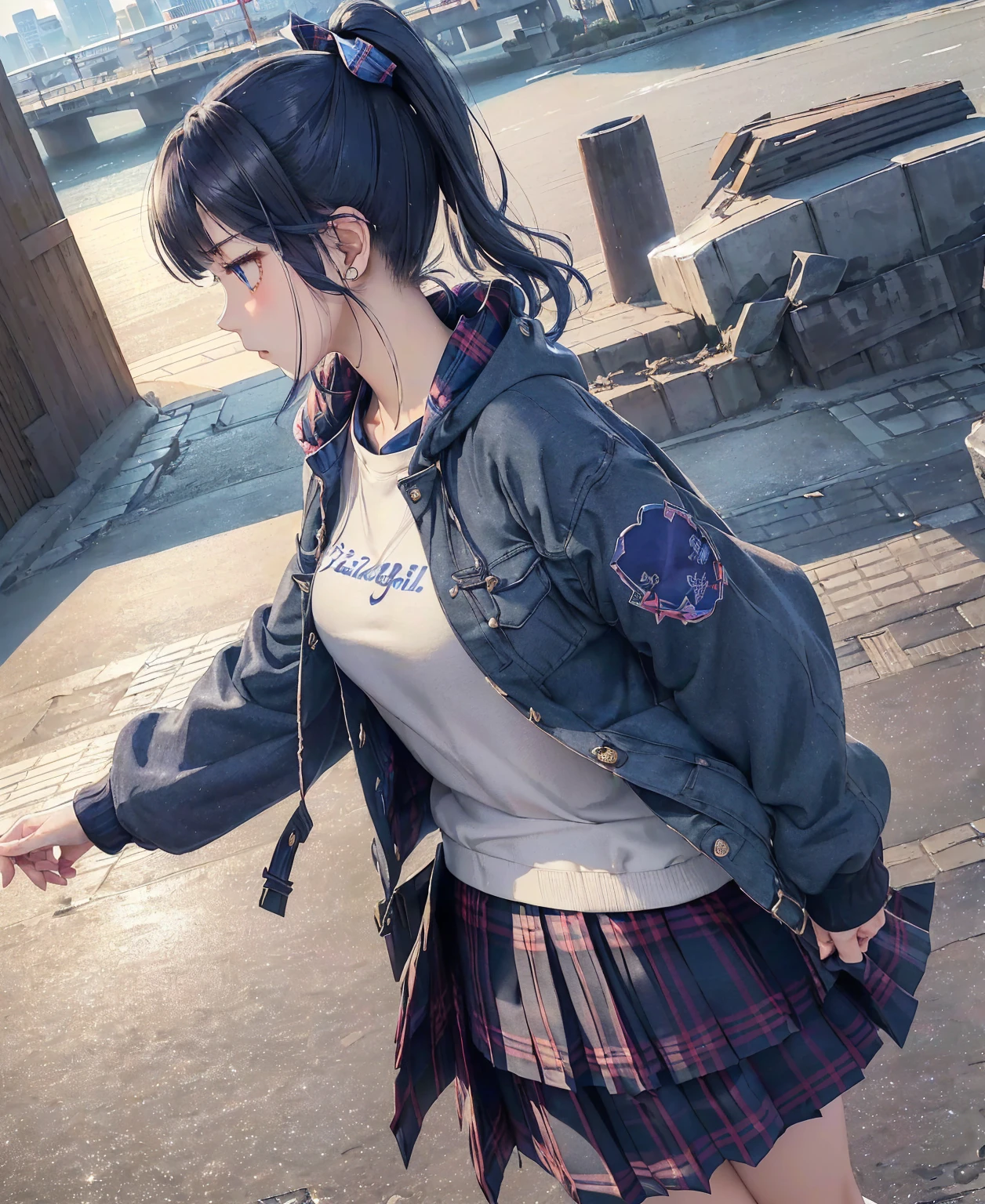 (masterpiece、highest quality、Highest Resolution、Clear_image、Detailed details、Angle from above): (solo、A girl alone、Japanese Faces、High knot ponytail、Dark blue hair girl、(Perfect body:1.4)、Sparkling blue eyes、(Woman wearing a skirt and jacket, Photo by Tsubasa Nakai, tumbler, Renaissance, Tartan hoodie, Tartan Parka, Checked skirt, Casual clothing style, Wide skirt, Tartan garment, The Style of Chie Yoshii, Layered Skirt, Wearing a jacket and skirt, Profile, Komono, Grunge Style, Wearing long flowing clothes)、Kobe cityscape