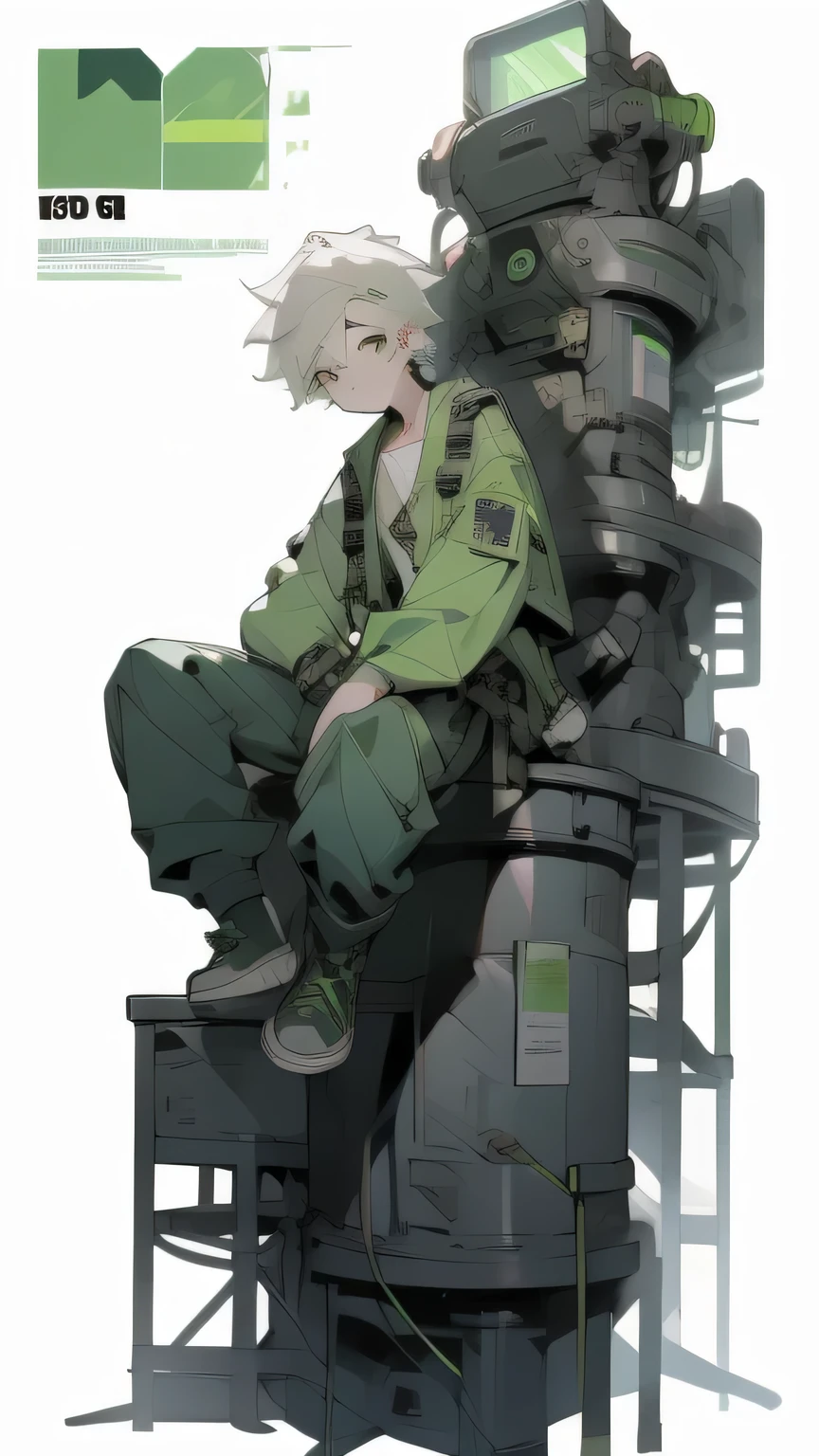 masterpiece, Best Quality, 4K, high resolution, ultra-detailed, High resolution, Ultra HD, sophisticated details, line art, thick lines, Backlight, ((Full body shot)), ((No background)), ((White background)), boy with white hair, green eyes, cute, chibi, green shirt, sitting down, holding a wrench
