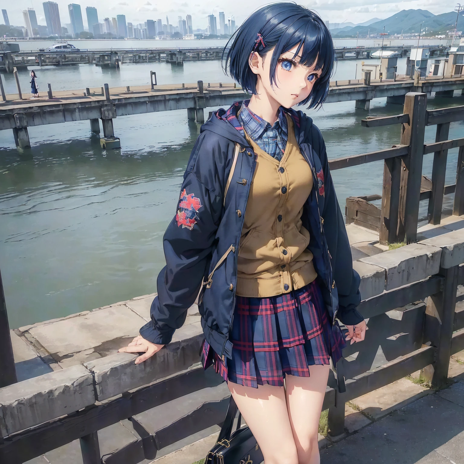 arched back,(masterpiece、highest quality、Highest Resolution、Clear_image、Detailed details、Angle from above): (solo、A girl alone、Japanese Faces、Super Short Bob Cut、Dark blue hair girl、(Perfect body:1.4)、Sparkling blue eyes、(Woman wearing a skirt and jacket, Tartan hoodie, Tartan Parka, Checked skirt, Casual clothing style, Wide skirt, Tartan garment, The Style of Chie Yoshii, Layered Skirt, Wearing a jacket and skirt, Profile, Komono, Long Skirt, Grunge Style, Wearing long flowing clothes, Asymmetric!!, rena nounen style 3/4)、Kobe cityscape