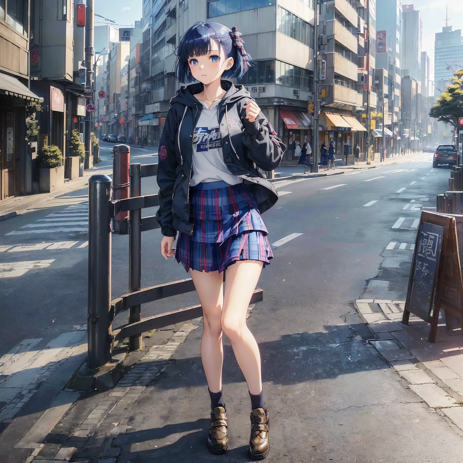 arched back,(masterpiece、highest quality、Highest Resolution、Clear_image、Detailed details、Angle from above): (solo、A girl alone、Japanese Faces、Super Short Bob Cut、Dark blue hair girl、(Perfect body:1.4)、Sparkling blue eyes、(Woman wearing a skirt and jacket, Tartan hoodie, Tartan Parka, Checked skirt, Casual clothing style, Wide skirt, Tartan garment, The Style of Chie Yoshii, Layered Skirt, Wearing a jacket and skirt, Profile, Komono, Long Skirt, Grunge Style, Wearing long flowing clothes, Asymmetric!!, rena nounen style 3/4)、Kobe cityscape