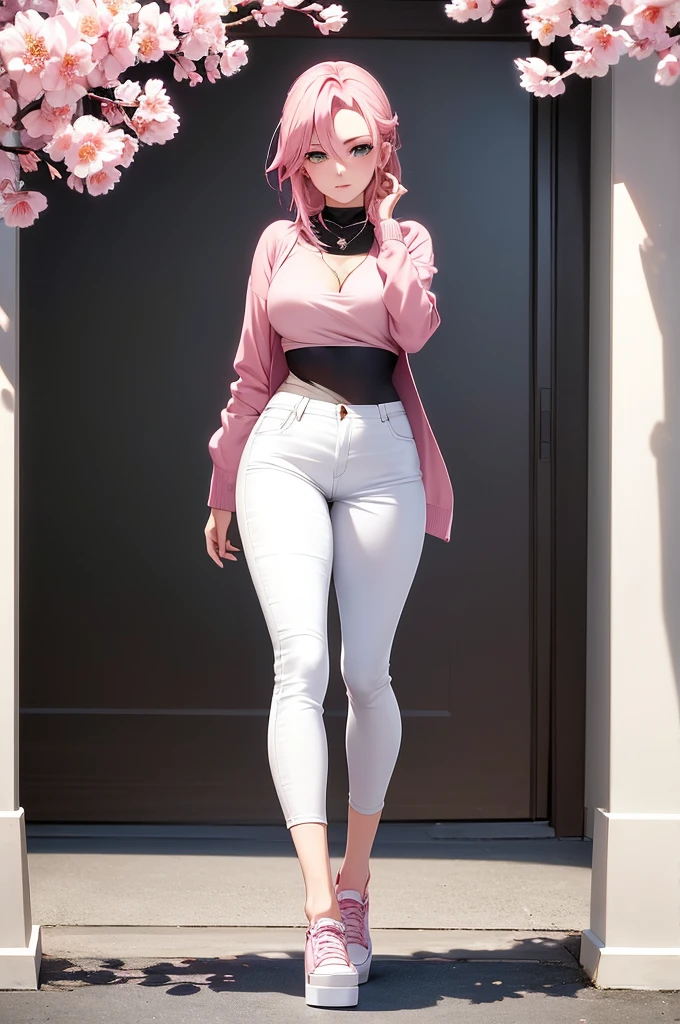 Character name: Sakura Haruno

Full name: Sakura Haruno

Show name character: Haruno Sakura

Last name first name: Haruno Sakura

Gender: Female

Specifics: 1 girl, full body, pink hair, beautiful pink hair, pink hair, beautiful green eyes, detailed green eyes, perfect green eyes, nice figure, great body, good feminine figure, great curves

Fashionable modern outfit: A stylish, form-fitting pink blouse with intricate floral patterns adorning the fabric, paired with high-waisted skinny jeans that accentuate her curves. Over the blouse, she wears a soft, cream-colored cardigan with delicate lace detailing along the edges. Completing the look, she dons a pair of white platform sneakers adorned with cherry blossom motifs, and accessorizes with a silver necklace featuring a small cherry blossom pendant.

High quality: 8K

Perfect image: Best image

Highly detailed: Detailed

Beautiful