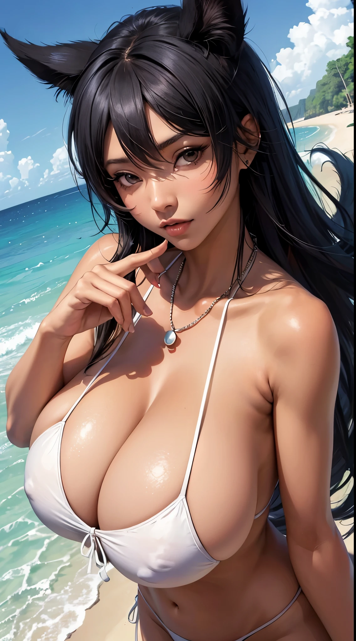 Yoruichi, nue (huge tits), cheveux blancs, Haut du corps, abdos, symmetrical round breasts, deserted beach, gros seins, gigantesque seins, 4K ultra UHD, mains parfaites, cing doigts, yeux parfaits, bikini dentelle rouge