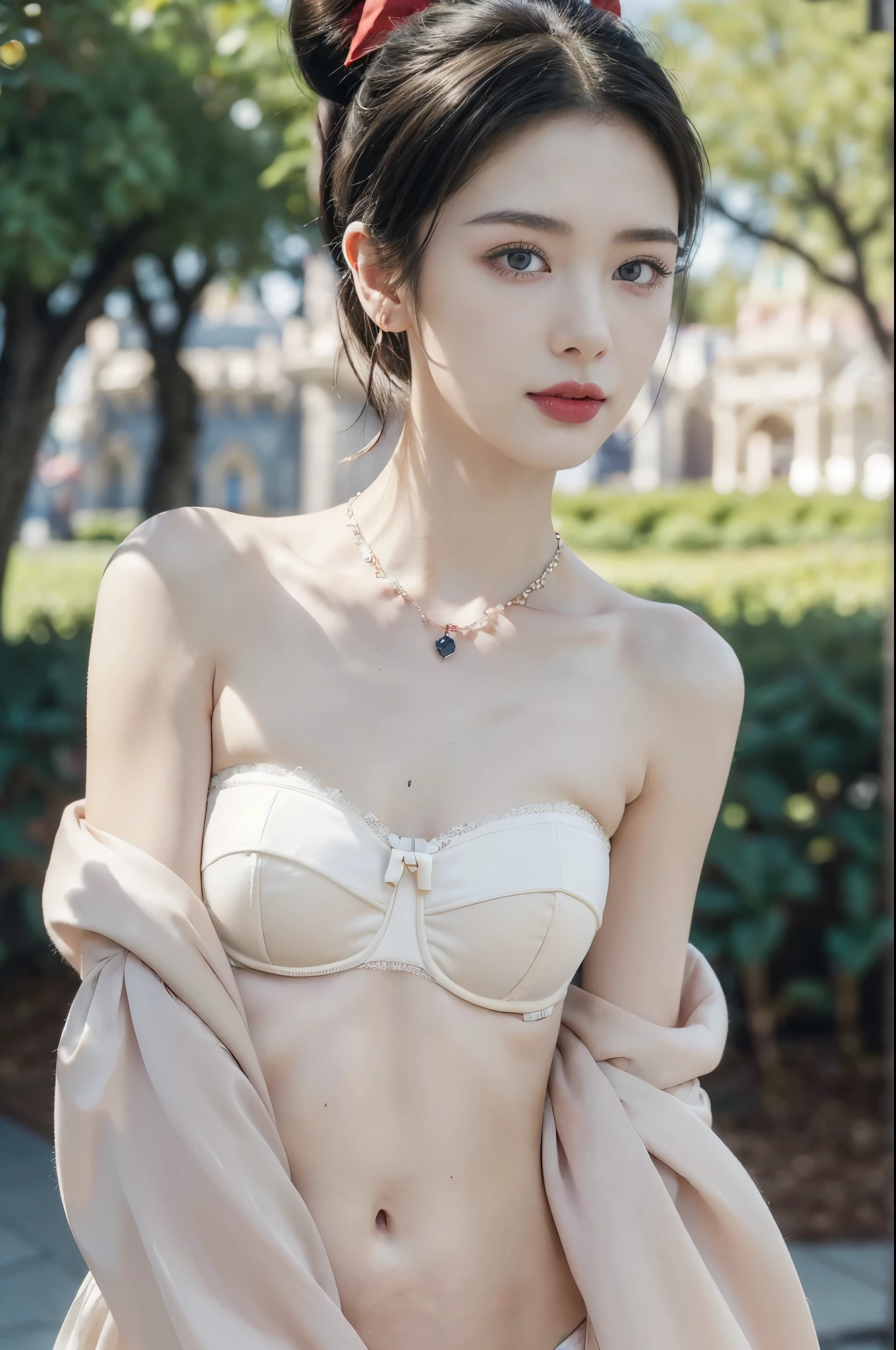 ((((8k))),((Extremely meticulous CG)) ,(wallpaper),16k,((Extremely refined and beautiful)),(((Masterpiece))),(((best qualtiy))),(((Ultra High Resolution))),beautiful light up,realistic shaded,(Smooth and flawless fair skin:1.5),(pale skin:1.3),(Extremely exquisite facial details:1.2),(perfect body:1.2),(ultra-detailed:1.5),((A beautiful ,solo)),(little child:1.5),(s old:1.3),(small head:1.2),(red bow:1.3),(short ponytail:1.3),(slender baby face:1.3),(Exquisite makeup:1.2),(earings:1.2),(crystal necklace:1.2),((slim,thin)),(laughing:1.2),(strapless gorgeous Gothic Princess bra:1.5),(small breasts:1.2),(flat chests:1.2),(sleeves:1.2),(day scene:1.5),(bright sunshine:1.3),(outdoor:1.3),(At Disneyland:1.5),(majestic castle:1.5),(early summer:1.3),(joyful children's festival atmosphere),(detailed background:1.5),(standing:1.3),(close-up of face:1.3),(from front:1.3),(surrounded by crowded crowds:1.2)