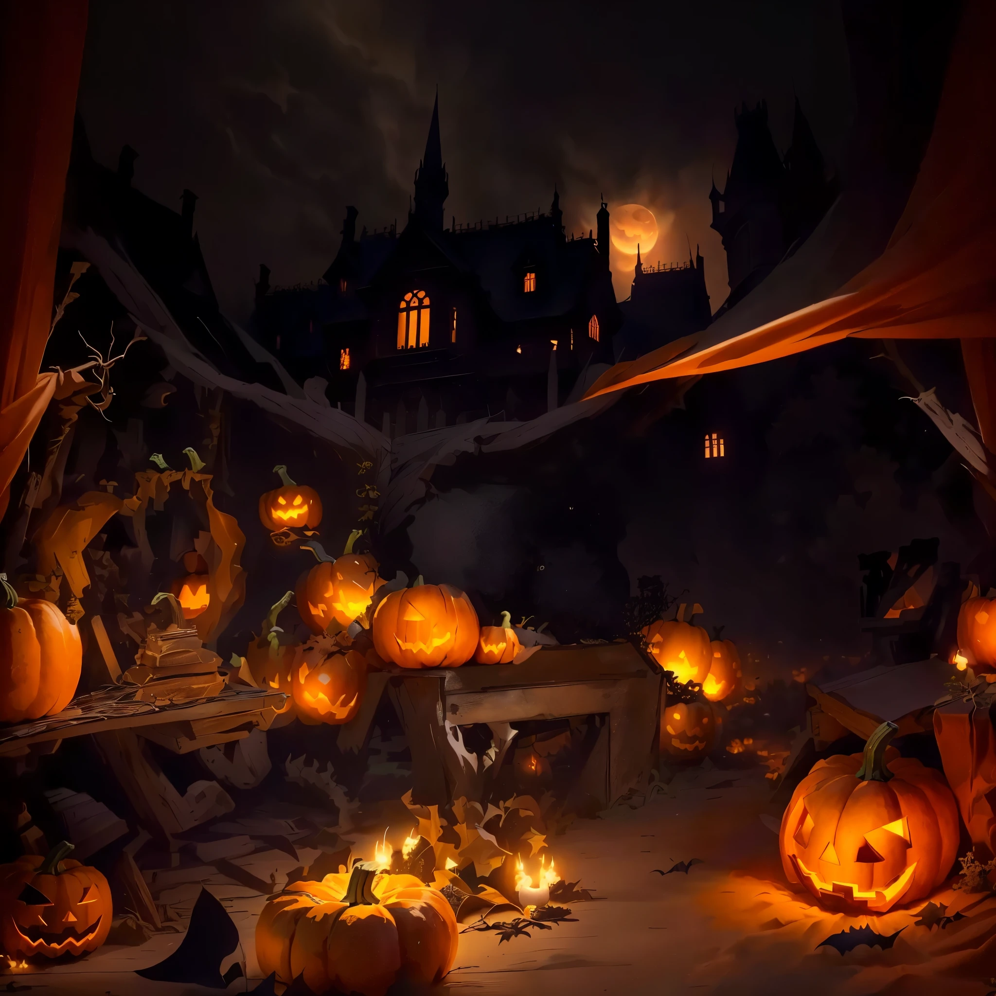 there are many pumpkin that are lit up in the dark, halloween scene, halloween art style, halloween atmosphere, Scary magic background, Spooky atmosphere, spooky halloween night, Background artwork, darksiders halloween theme, halloween night, halloween wallpaper with ghosts, spooky halloween theme, halloween theme, halloween celebration, halloween, terrible night, haunted background, pumpkin农场背景, pumpkin