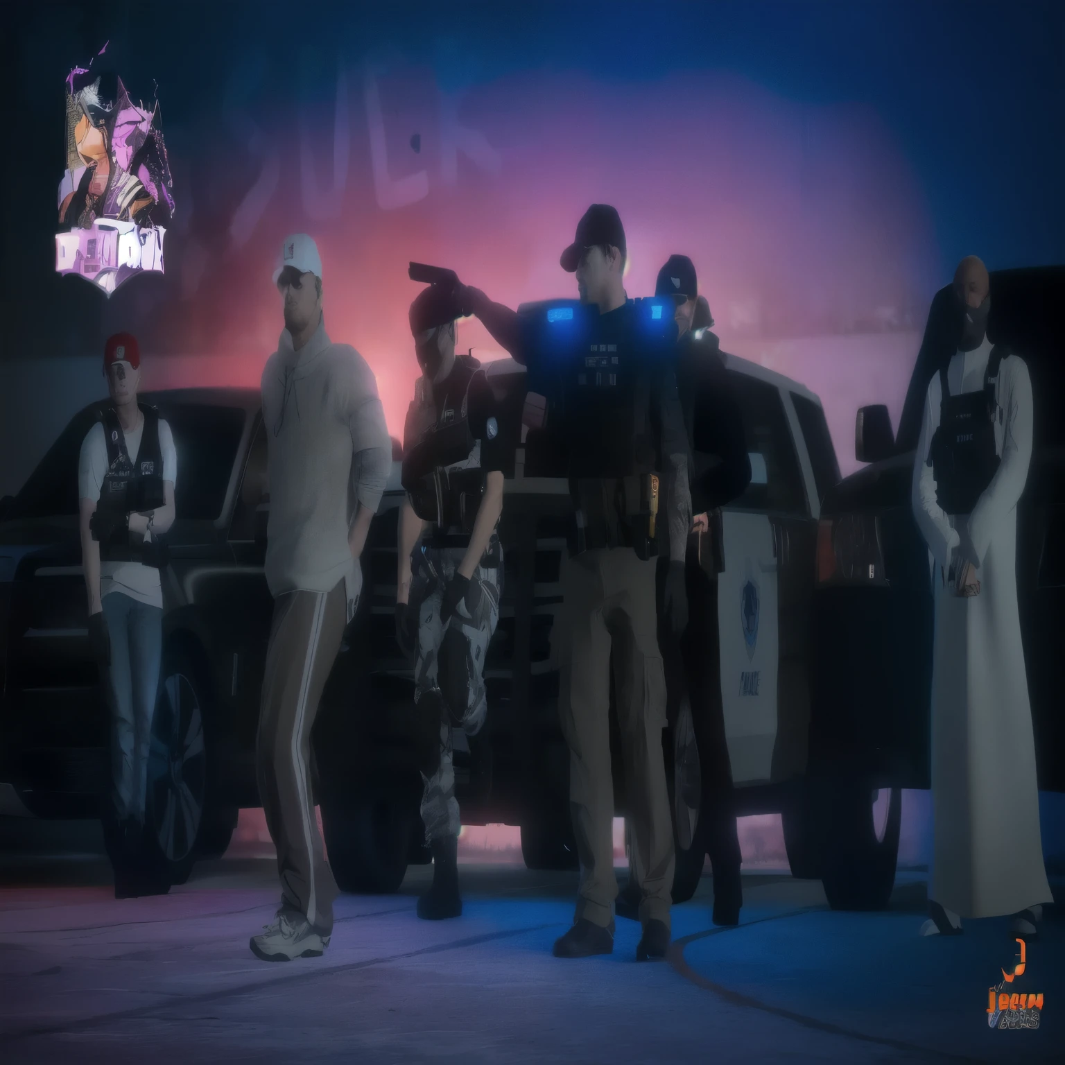 There are a lot of people standing in front of the police car, Many NPCs on the streets, gta v style, Enemy combat squad, Taken with Canon 5D Mk4, Before final slaughter, gta5 style, gta character, Jesse pinkman in gta v, Grand Theft Auto Style, gta v style, Cinematic fight in the middle of the shot