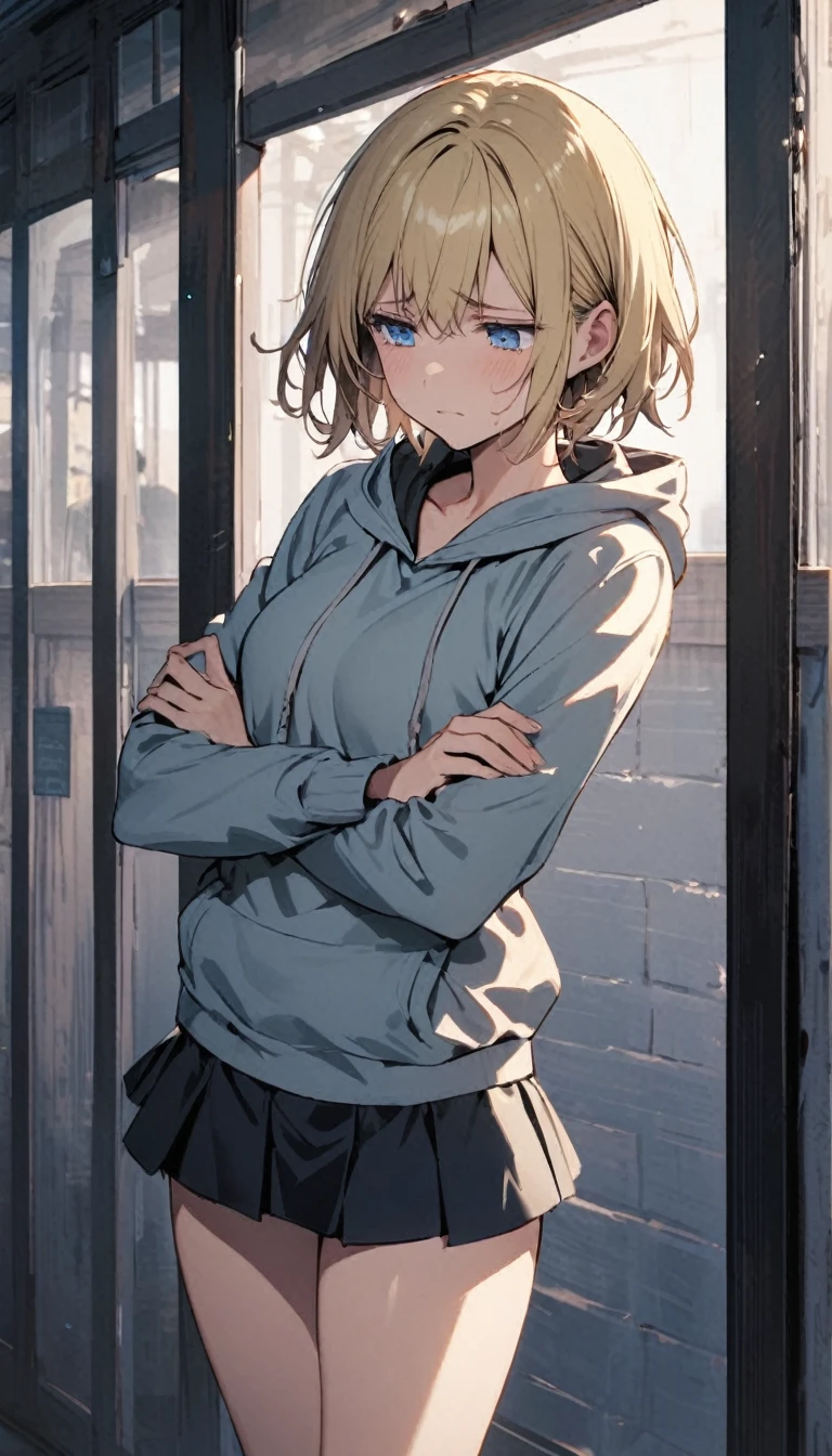 handsome, sad, crossed arms, 1 woman, short hair, blonde hair, blue eyes, hoodie, mini skirt, black tights
