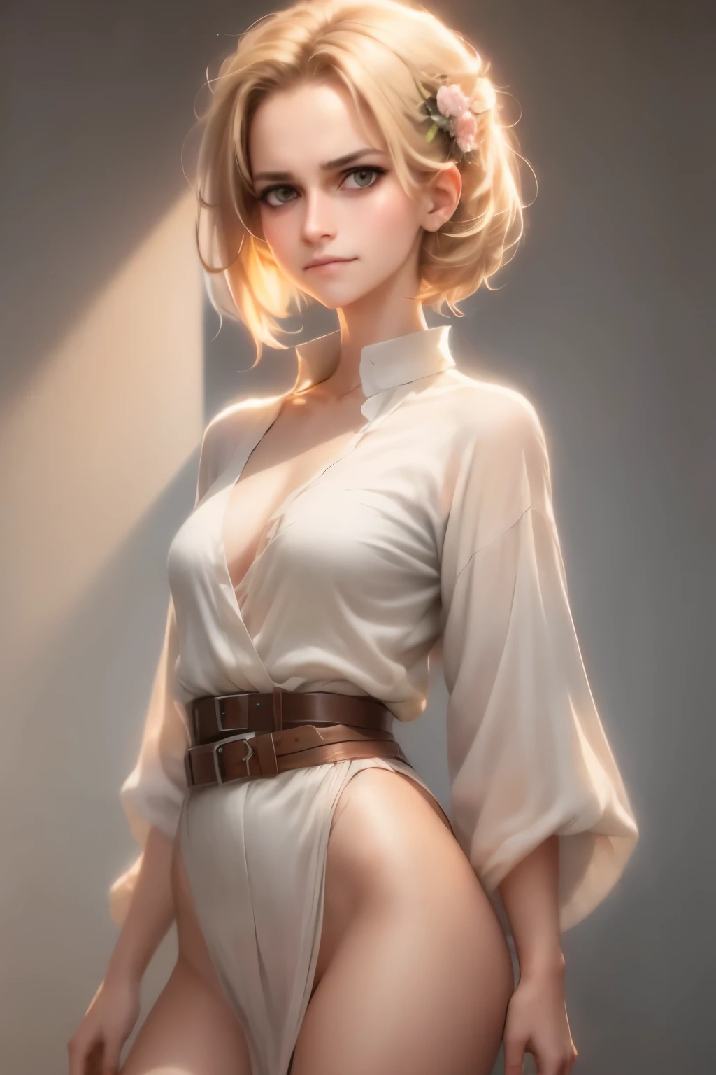 1 girl,beautiful, masterpiece, best quality, white background,Kazuya Takahashi, concept art, blonde,short hair