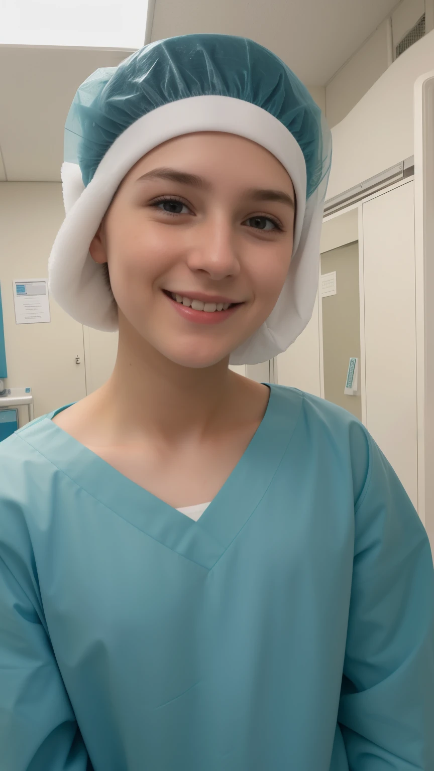 A Realistic Portrait, of a young german boy , pediatric patient 9 years old,, Beautiful, detailed face, detailed eyes, (realistic skin:1.3), (pale skin:1.1), (textured skin:1.3), (()), big smile, (iphone photograph), ), (artificial lighting:1.3), looking at the camera, , amateur Photography, Photorealistic, Detailed, analog, poor quality, standing in medical change room, beautiful face, big eyes, big smile, detailed face, wears long teal patient gown s, putting long patient gown on, back-tied pediatric patient gown,, high closed crew-neck, bokeh, all wearing large nylon bouffant cap , , large surgical bouffant cap covering hair and ears, ultra-short hair fully covered by nylon shower cap, no hair tails, standing in hospital room