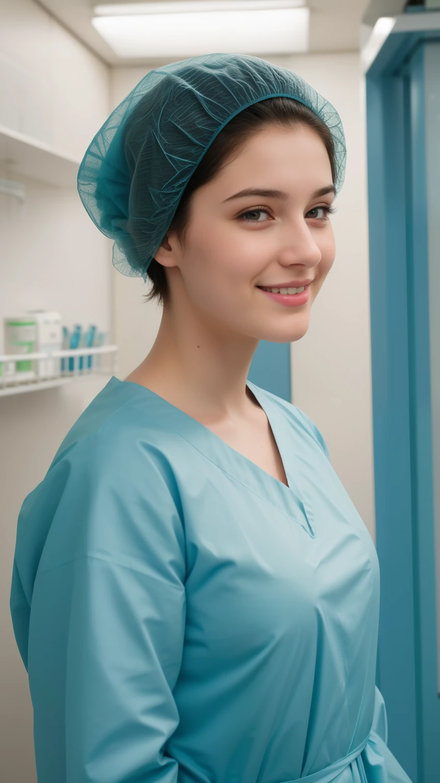 A Realistic Portrait, of a russian teenager girl , pediatric patient ,17 years old,, Beautiful, detailed face, detailed eyes, (realistic skin:1.3), (pale skin:1.1), (textured skin:1.3), (()), big smile, (iphone photograph),  ), (artificial lighting:1.3),  looking at the camera, , amateur Photography, Photorealistic, Detailed, analog, poor quality, standing in medical change room, beautiful face, big eyes, big smile, detailed face, wears teal nylon patient gown with  , putting long patient gown on, back-tied patient gown,, high closed crew-neck, bokeh, all wearing large teal nylon bouffant cap , , large surgical bouffant cap covering hair and ears, ultra-short hair fully covered by nylon shower cap, no hair tails, standing in hospital room