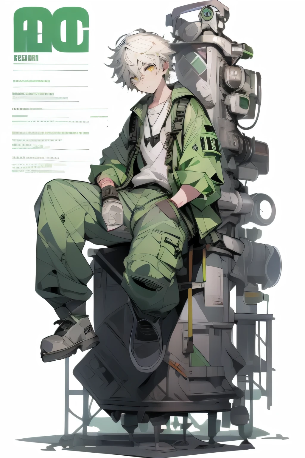 masterpiece, Best Quality, 4K, high resolution, ultra-detailed, High resolution, Ultra HD, sophisticated details, line art, thick lines, Backlight, ((Full body shot)), ((No background)), ((White background)), boy with white hair, green eyes, cute, chibi, green shirt, sitting down, holding a wrench