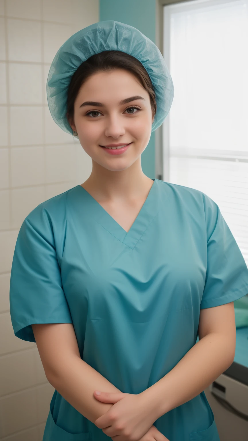 A Realistic Portrait, of a teenager girl (Emilia Schüle) , pediatric patient ,15 years old,, Beautiful, detailed face, detailed eyes, (realistic skin:1.3), (pale skin:1.1), (textured skin:1.3), (()), big smile, (iphone photograph), ), (artificial lighting:1.3), looking at the camera, , amateur Photography, Photorealistic, Detailed, analog, poor quality, standing in medical change room, beautiful face, big eyes, big smile, detailed face, wears teal nylon patient gown with , putting long patient gown on, back-tied patient gown,, high closed crew-neck, bokeh, all wearing large teal nylon bouffant cap , , large surgical bouffant cap covering hair and ears, ultra-short hair fully covered by nylon shower cap, no hair tails, standing in hospital room