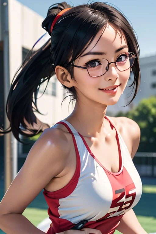 sports meetingの日、sports meeting、gallery、Students cheering、女子100 m競走、((highest quality:1.4、8k、32k、Hmph:1.3))、(An unparalleled masterpiece)、((Raw photo、realism:1.6))、Japanese girl、Outdoor,playground,Schoolyard,Schoolyard,(physical education:1.3),(Per class:1.3)Girl smiling at the camera、Dynamic Pose、(sports meetingの日、100 m走、running)、Dynamic Angle、School gym clothes、Bloomers、(Huge boobs:0.5、thin abdomen、The lower body is thin)、Ulzzang-6500-v1.1、age Girls、Ultra detailed face、Detailed eyes、Round face、Baby Face、Detailed Iris、double eyelid、(((Glasses、Long black hair、High up ponytail)))、Photon Mapping、Detailed skin texture、100 m,head to feet:1.5,