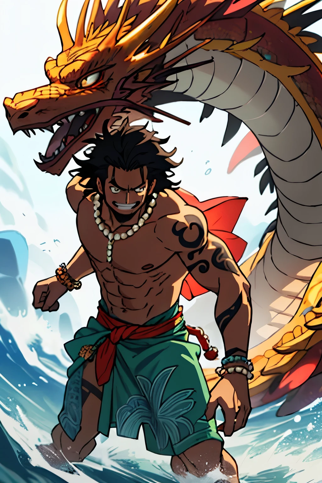 Maori, one piece art, 1boy, dark skin, long curly hair, warm and confident smile, floral sarong, pearl necklace, shell bracelets, tribal tattoo, fighting a dragon

