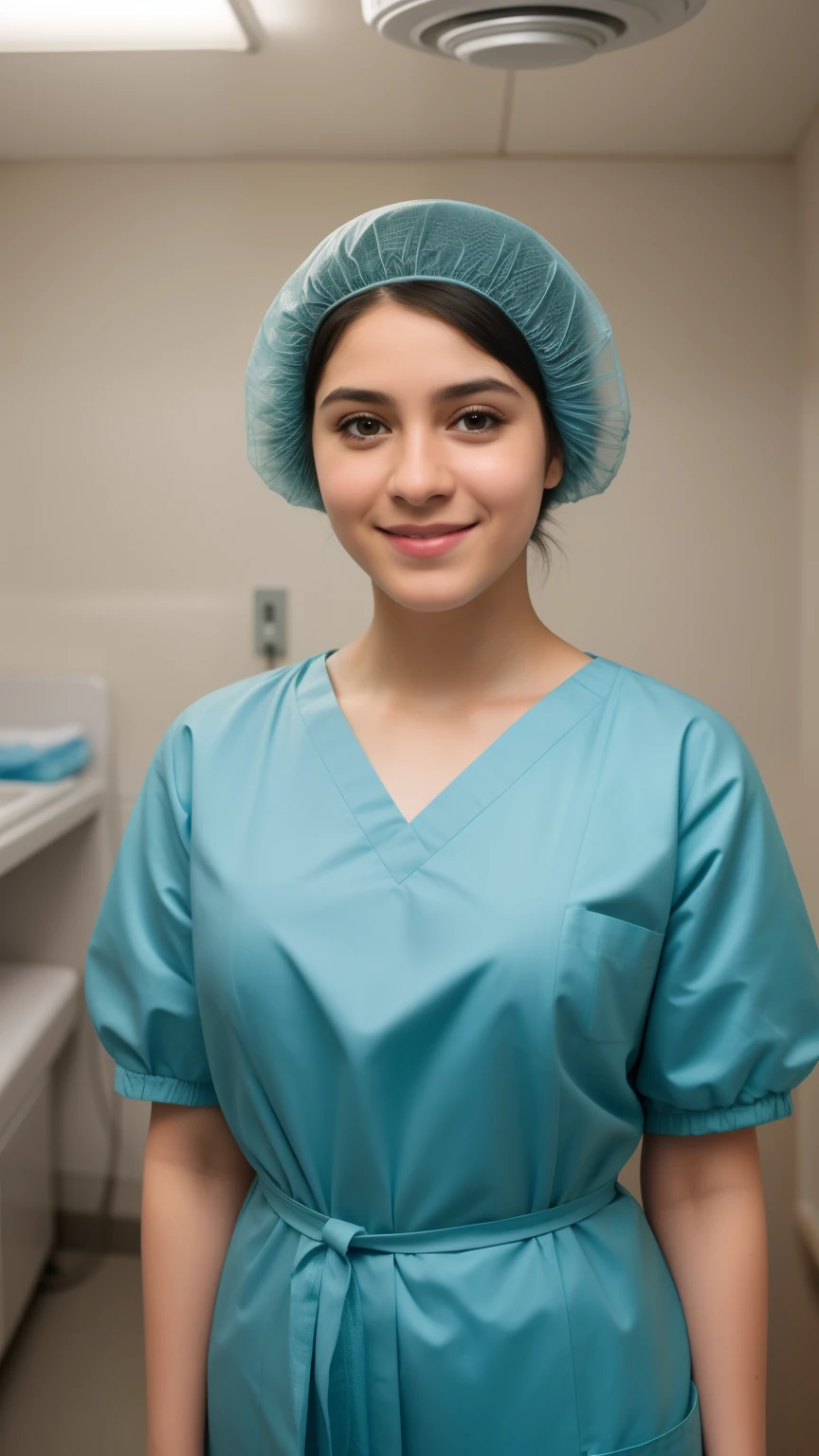 A Realistic Portrait, of a teenager girl (Shakira) , pediatric patient ,15 years old,, Beautiful, detailed face, detailed eyes, (realistic skin:1.3), (pale skin:1.1), (textured skin:1.3), (()), big smile, (iphone photograph),  ), (artificial lighting:1.3),  looking at the camera, , amateur Photography, Photorealistic, Detailed, analog, poor quality, standing in medical change room, beautiful face, big eyes, big smile, detailed face, wears teal nylon patient gown with  , putting long patient gown on, back-tied patient gown,, high closed crew-neck, bokeh, all wearing large teal nylon bouffant cap , , large surgical bouffant cap covering hair and ears, ultra-short hair fully covered by nylon shower cap, no hair tails, standing in hospital room