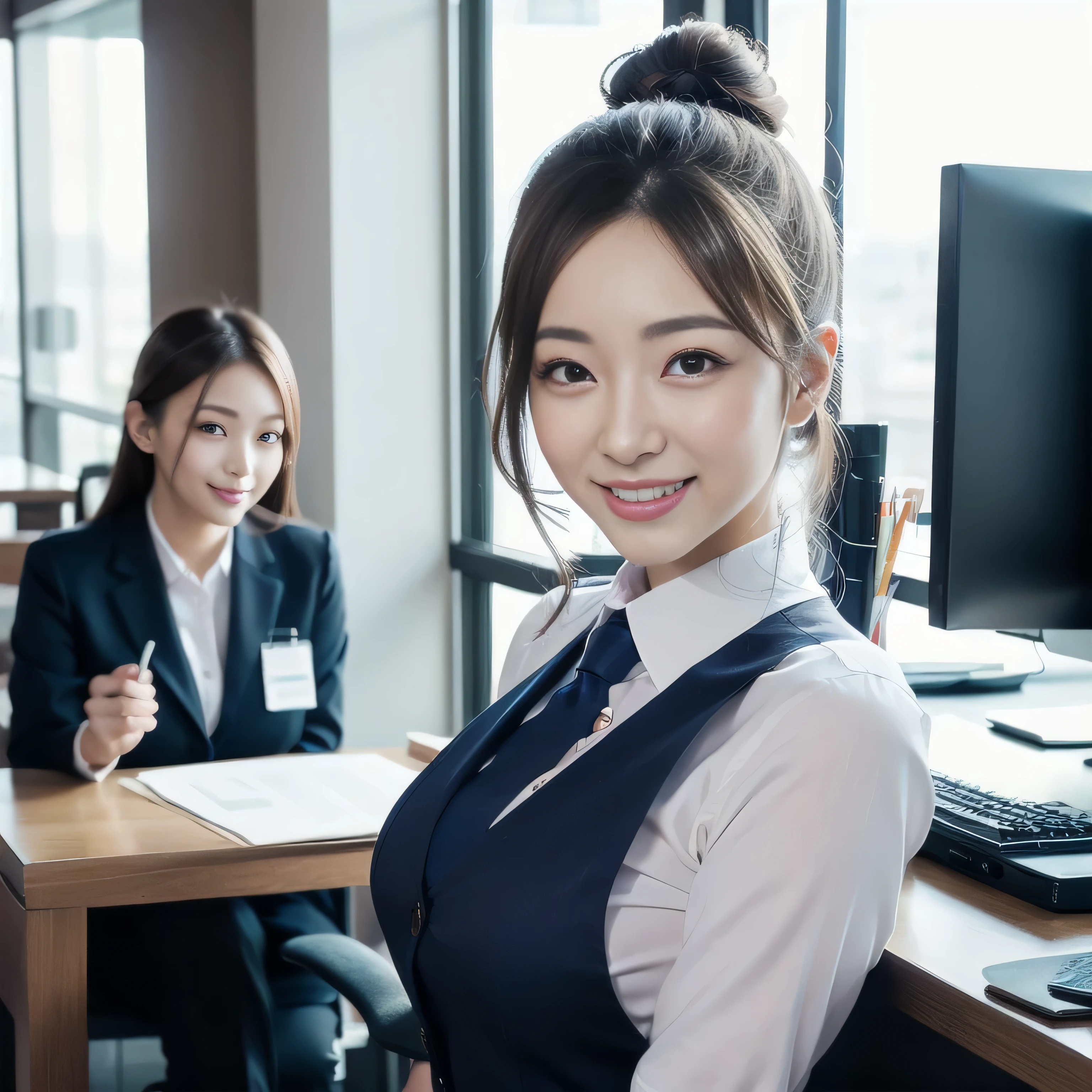 The face of a hostess、The clothing is a high-quality navy blue business suit、Surreal、healthy、Smiling expression、Slim and perfect figure、Japanese Beauty、Beautiful Eyes、Perfect Face、Beautiful Skin、From the side、Background is an office on a high floor、By the window