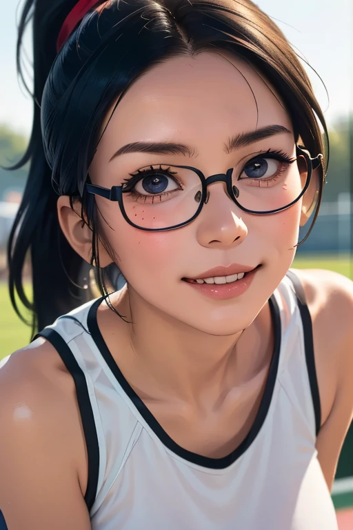 sports meetingの日、sports meeting、gallery、Students cheering、女子100 m競走、((highest quality:1.4、8k、32k、Hmph:1.3))、(An unparalleled masterpiece)、((Raw photo、realism:1.6))、Japanese girl、Outdoor,playground,Schoolyard,Schoolyard,(physical education:1.3),(Per class:1.3)Girl smiling at the camera、Dynamic Pose、(sports meetingの日、100 m走、running)、Dynamic Angle、School gym clothes、Bloomers、(Huge boobs:0.5、thin abdomen、The lower body is thin)、Ulzzang-6500-v1.1、age Girls、Ultra detailed face、Detailed eyes、Round face、Baby Face、Detailed Iris、double eyelid、(((Glasses、Long black hair、High up ponytail)))、Photon Mapping、Detailed skin texture、100 m,head to feet:1.5,