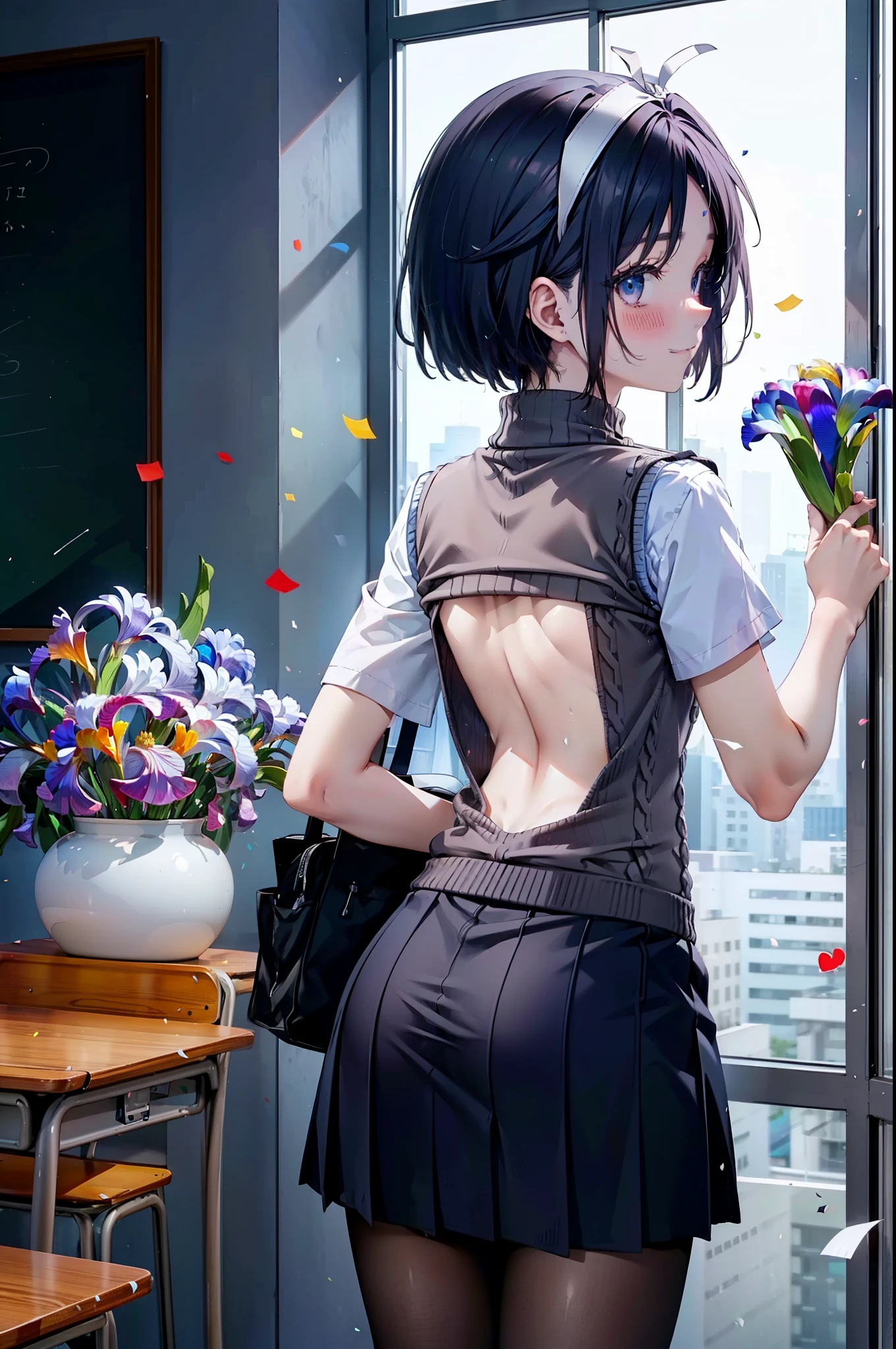 yuukikonno, Yuki Konno,Black Hair,short hair,Bob Hair ,Green headband,(iris:1.5), (Small breasts:1.2), smile,break skirt, shirt, bow, ribbon, , white shirt, Short sleeve, Pleated skirt, collared shirt, mini skirt, bowtie, 茶色のloafers , Black Skirt, Black Pantyhose, loafers, black bow, Sweater vest, (back Sweater vest:1.5),whole bodyがイラストに入るように,holding a large bouquet of flowers in both hands,Confetti,
break indoors,  School,classroom,
break looking at viewer, whole body,
break (masterpiece:1.2), highest quality, High resolution, unity 8k wallpaper, (shape:0.8), (Beautiful details:1.6), Highly detailed face, Perfect lighting, Highly detailed CG, (Perfect hands, Perfect Anatomy),
