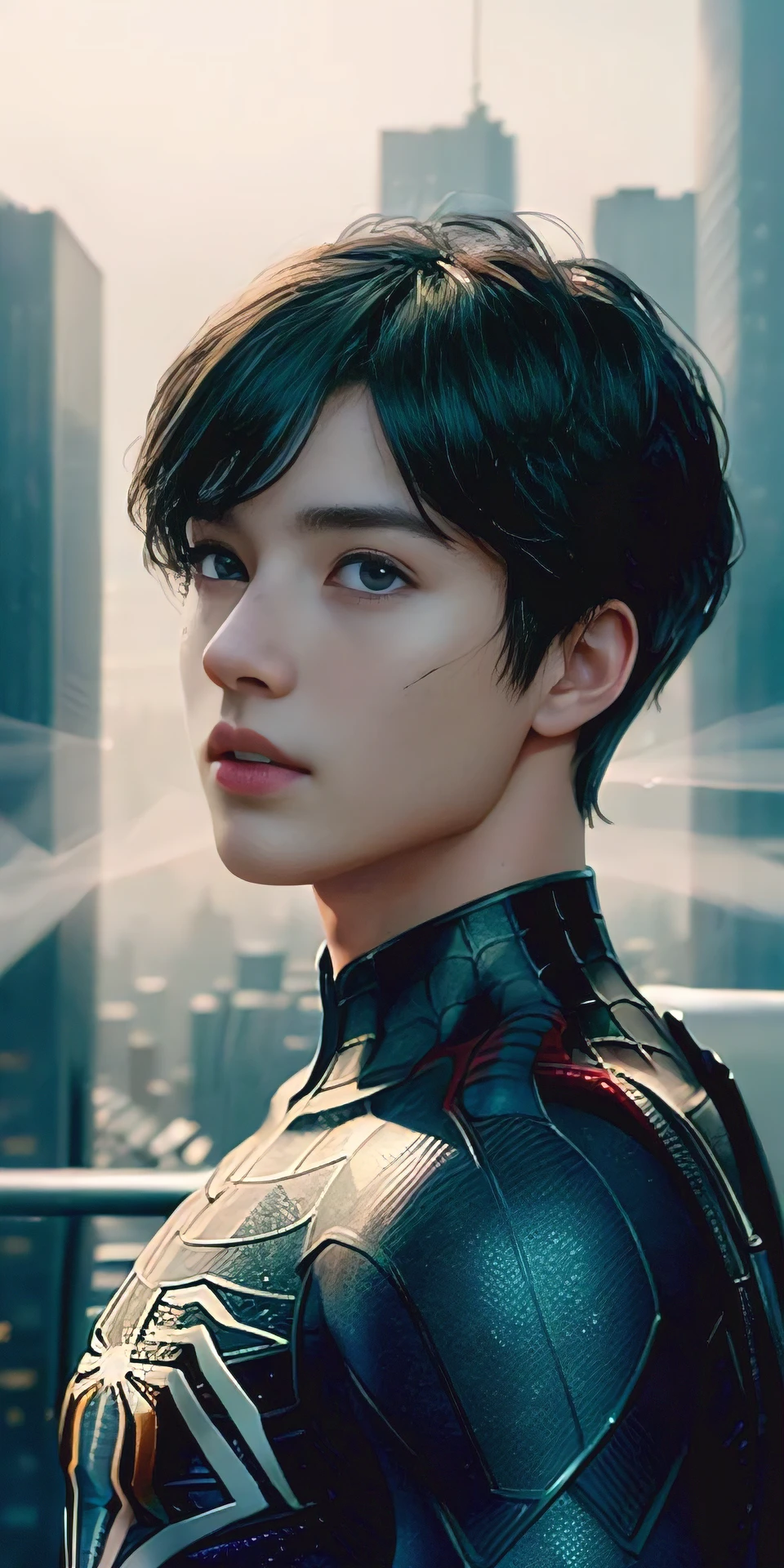 (1boy:1.3), Solo, (((Very detailed face)))), ((Very detailed eyes and face)))), Beautiful detail eyes, Body parts__, Official art, Unified 8k wallpaper, Super detailed, beautiful and beautiful, beautiful, masterpiece, best quality, original, masterpiece, super fine photo, best quality, super high resolution, realistic realism, moonlight, full body portrait, amazing beauty, dynamic pose, delicate face, vibrant eyes, (from the front), He wears Spider-Man suit, dark blue and black color scheme, spider, very detailed city roof background, rooftop, overlooking the city, detailed face, detailed complex busy background, messy, gorgeous, milky white, highly detailed skin, realistic skin details, visible pores, clear focus, volumetric fog, 8k uhd, DSLR, high quality, film grain, fair skin, photo realism, lomography, futuristic dystopian megalopolis, translucent
