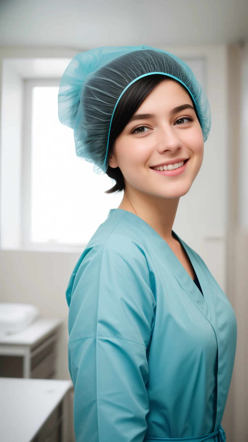 Ultra realistic, pediatric girl patient (Shakira) young girl, 11 years old, , standing in medical changing room, beautiful face, big eyes, big smile, detailed face, wears teal nylon patient gown , putting long patient gown on, back-tied patient gown, female figure, high closed crew-neck, bokeh, all wearing large teal nylon bouffant cap , , large surgical bouffant cap covering hair and ears, ultra-short blonde hair fully covered by nylon shower cap, no hair tails, standing in hospital room