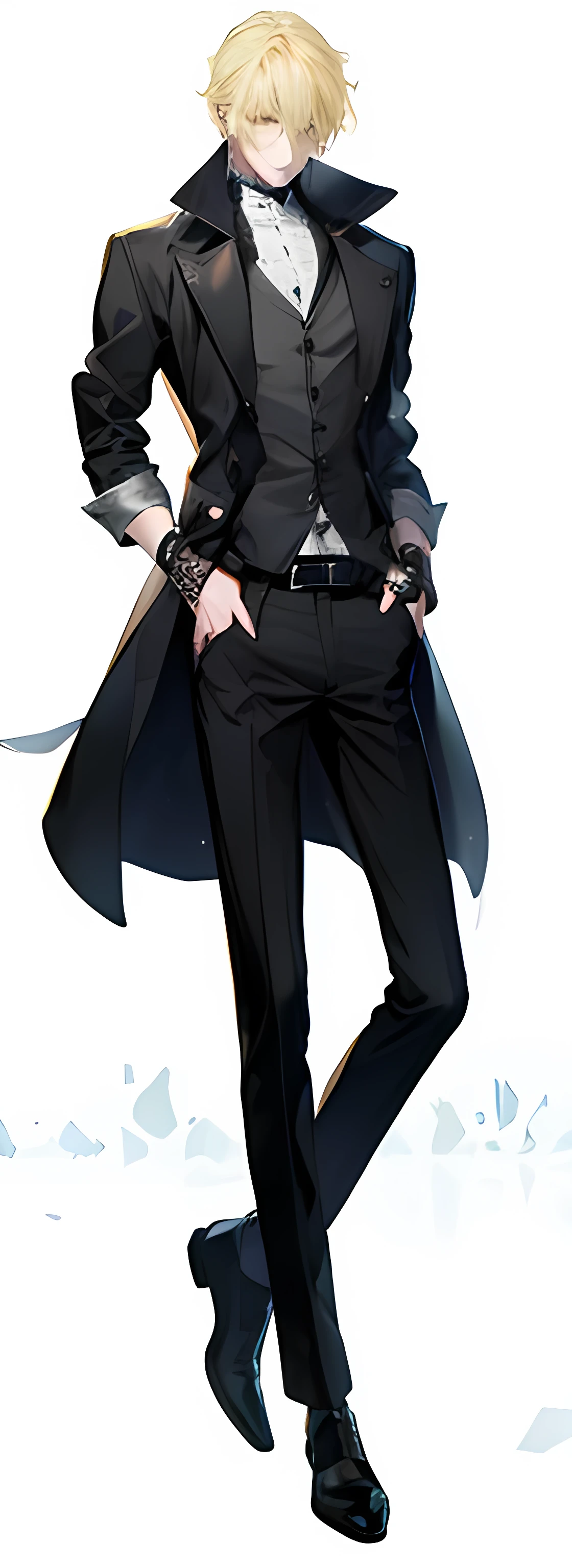 high resolution、high quality、Man Standing、Black coat、Grey striped shirt、Black trousers、Black leather shoes、accessories、belt