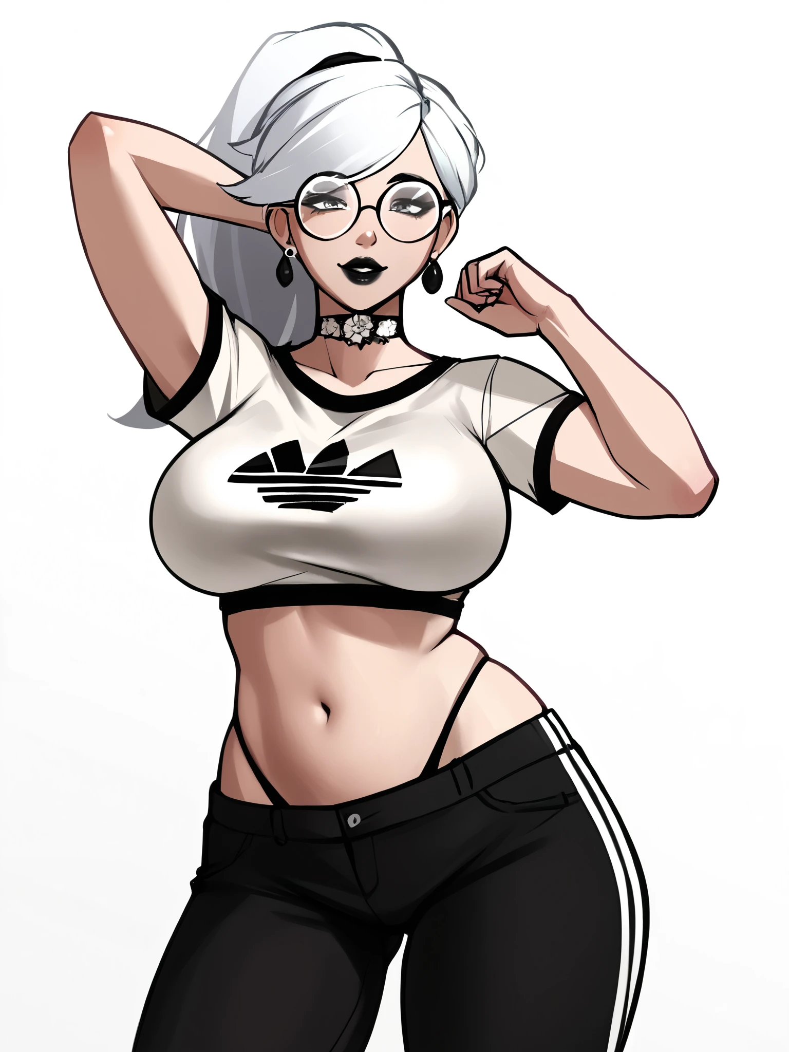 score_9, score_8_up, score_7_up, score_6_up, score_5_up, score_4_up,
BREAK
1girl, white hair, ponytail hair, tomboy, grey eyes, thick lips, light smile, long eyelashes, half-closed eyes, black-framed eyewear, round eyewear, black choker, swept bangs, adult, mature, black eyeliner, ear piercing, black lips, grey eyeshadow, looking at viewer,
BREAK
solo, standing, large breasts, adult, skinny, wedgie, highleg, arched back, thigh gap, white crop to, black pants, white stripes, patterned clothing, adidas, black thong, floral print choker, goth,
BREAK
(white background:1.2), simple background, dynamic pose, dynamic angle, angled shot, 