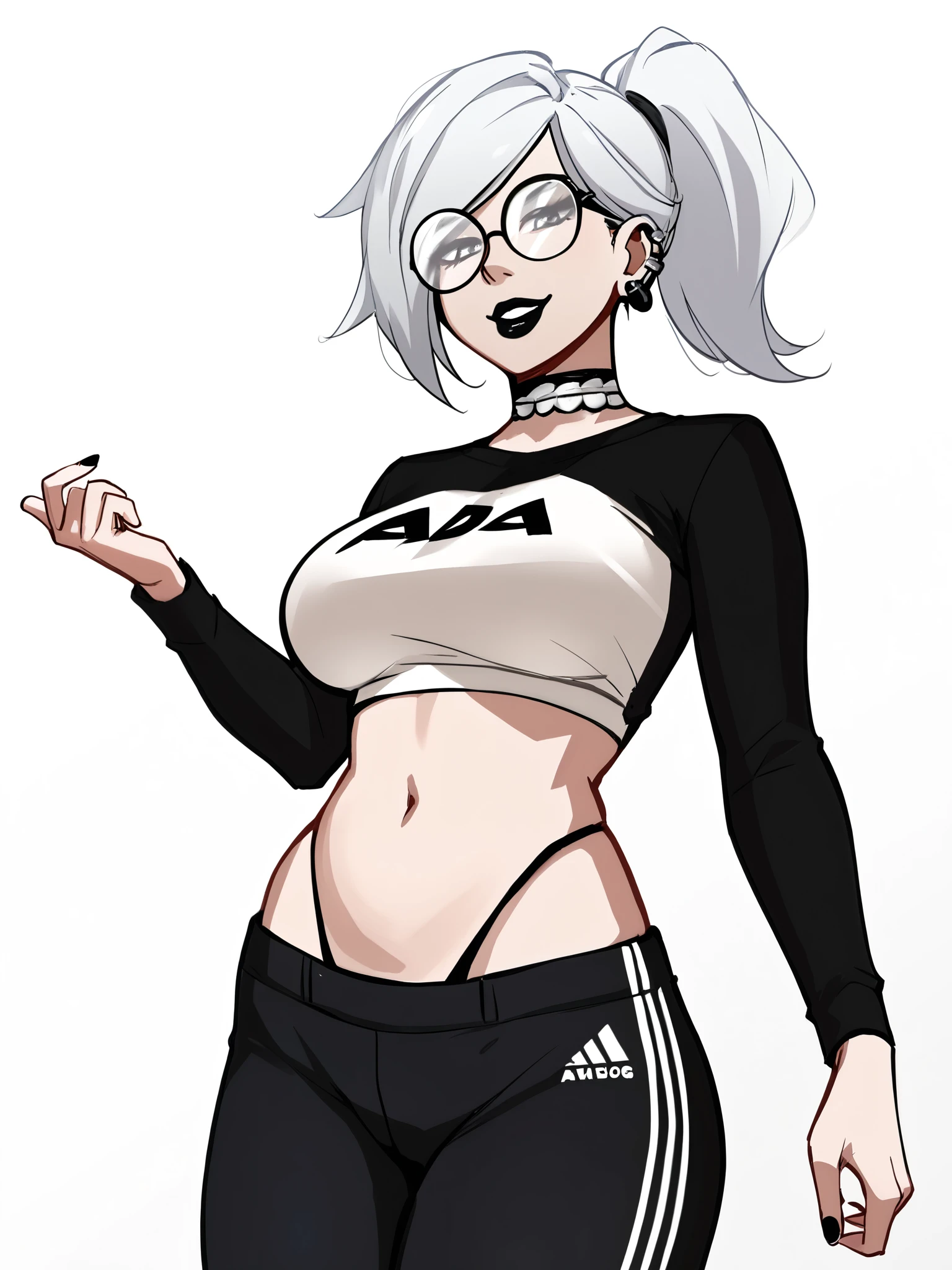 score_9, score_8_up, score_7_up, score_6_up, score_5_up, score_4_up,
BREAK
1girl, white hair, ponytail hair, tomboy, grey eyes, thick lips, light smile, long eyelashes, half-closed eyes, black-framed eyewear, round eyewear, black choker, swept bangs, adult, mature, black eyeliner, ear piercing, black lips, grey eyeshadow, looking at viewer,
BREAK
solo, standing, large breasts, adult, skinny, wedgie, highleg, arched back, thigh gap, white crop to, black pants, white stripes, patterned clothing, adidas, black thong, floral print choker, goth,
BREAK
(white background:1.2), simple background, dynamic pose, dynamic angle, angled shot, 